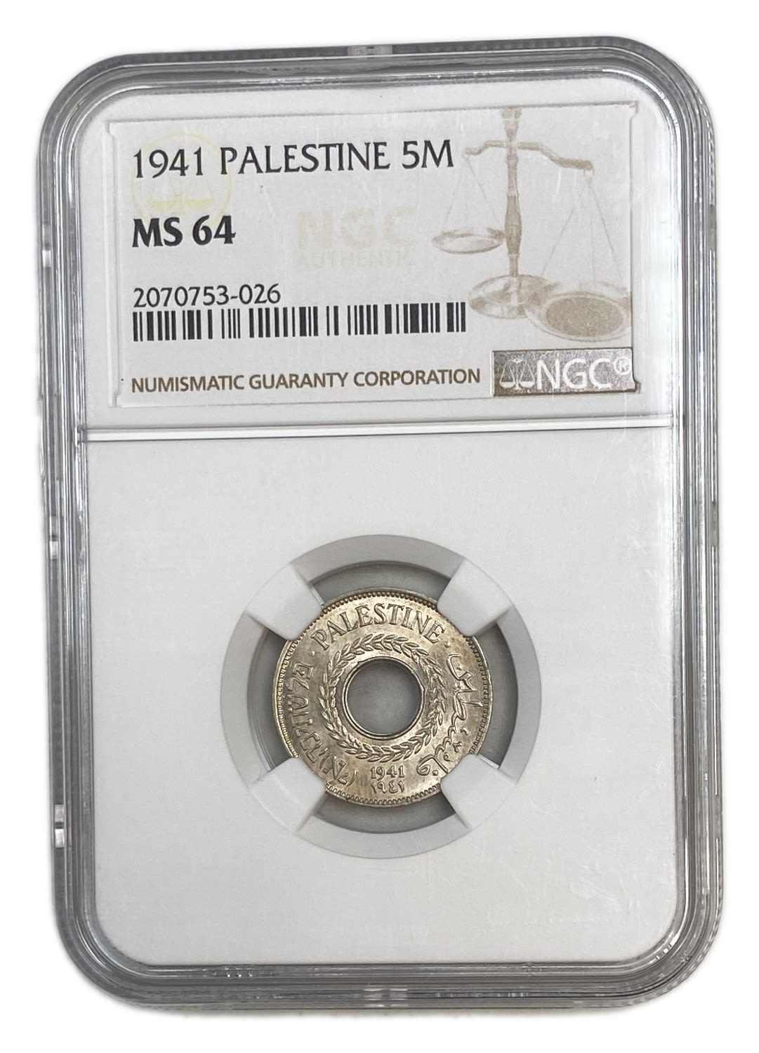 Palestine - 5 Mils 1941 - Very high grade - NGC MS 64 - Key date
MIL, was the Hebrew name of the coin ... - 1 2