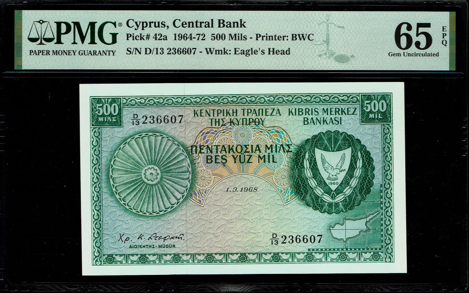 Cyprus - 500 Mils 1968 - PMG 65 EPQ
Obverse:
Arms at right, map at lower right. ... - 1 0