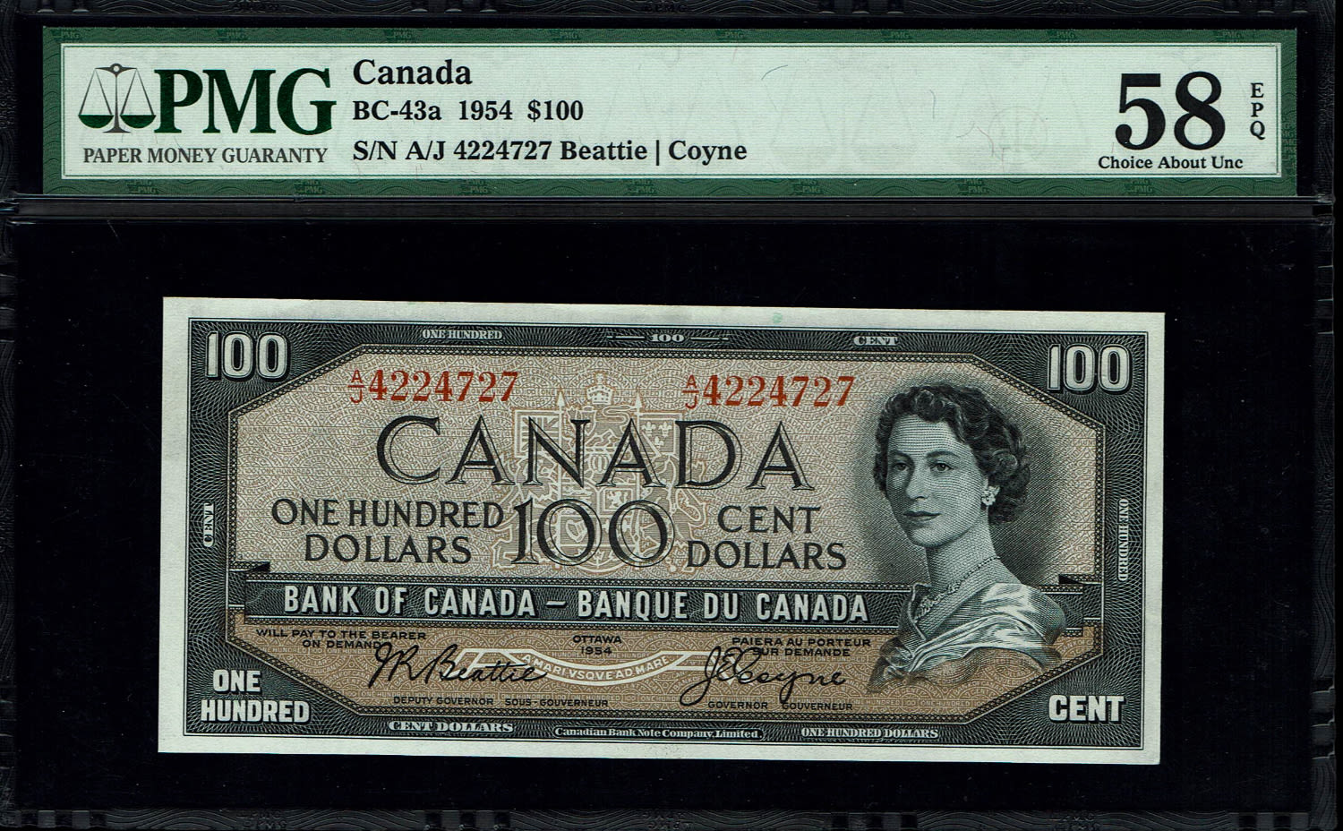 Canada - 100 Dollars 1954 - With Devil's face - PMG 58 EPQ
Obverse
English texts on the left ... - 1 0
