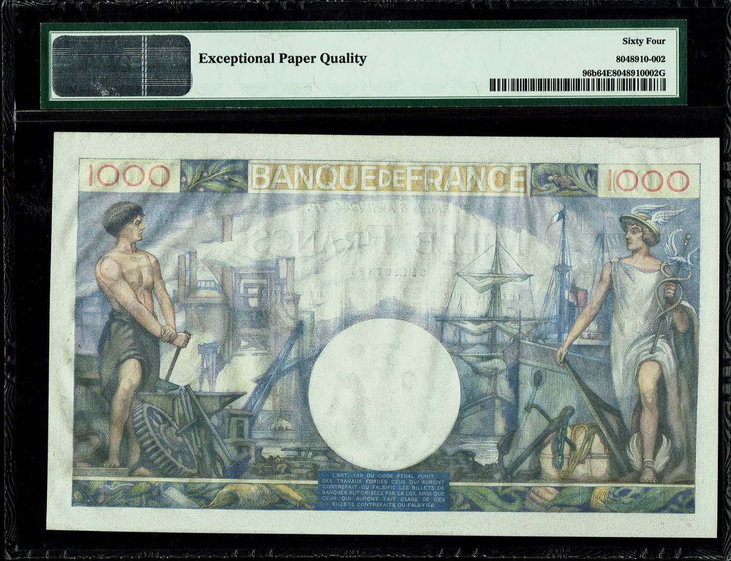 France - 1,000 Francs 1944 - Banque de France - Commerce et Industrie type 1940 - PMG 64 EPQ
Recto ... - 1 1