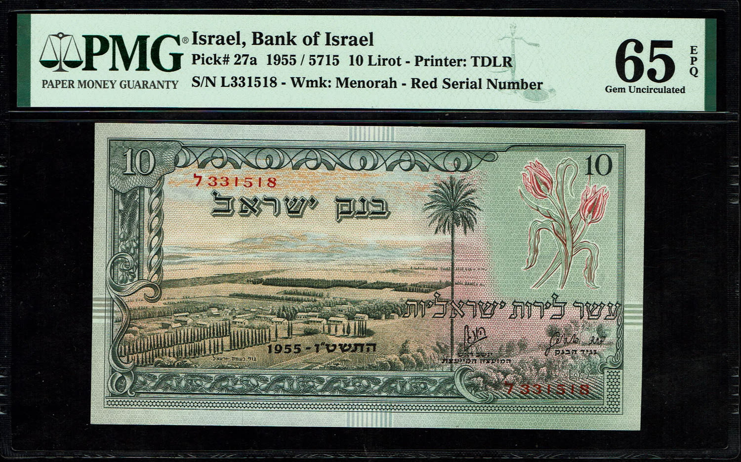 Israel - 10 Lirot 1955 - PMG 65 EPQ - Red Serial Number - Prefix L
In 1954, the Bank of Israel was ... - 1 0