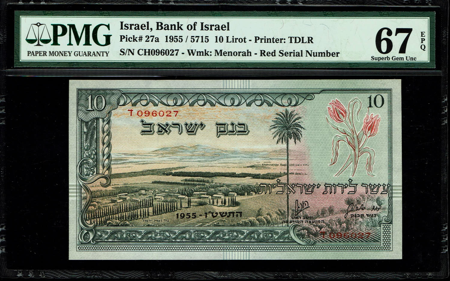 Israel - 10 Lirot 1955 - PMG 67 EPQ - Red Serial Number - Height grade - Prefix D
Next lot there ... - 1 0