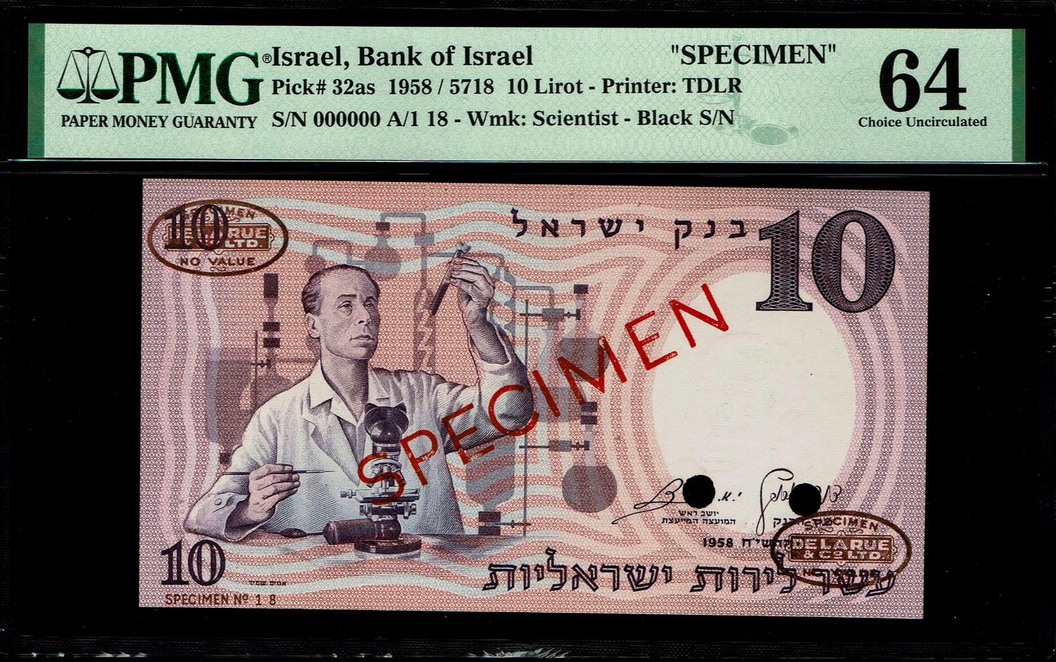 Israel - 10 Pounds 1958 - PMG 64 - SPECIMEN - Prefix 4/A
Sample prints are part of the process of ... - 1 0