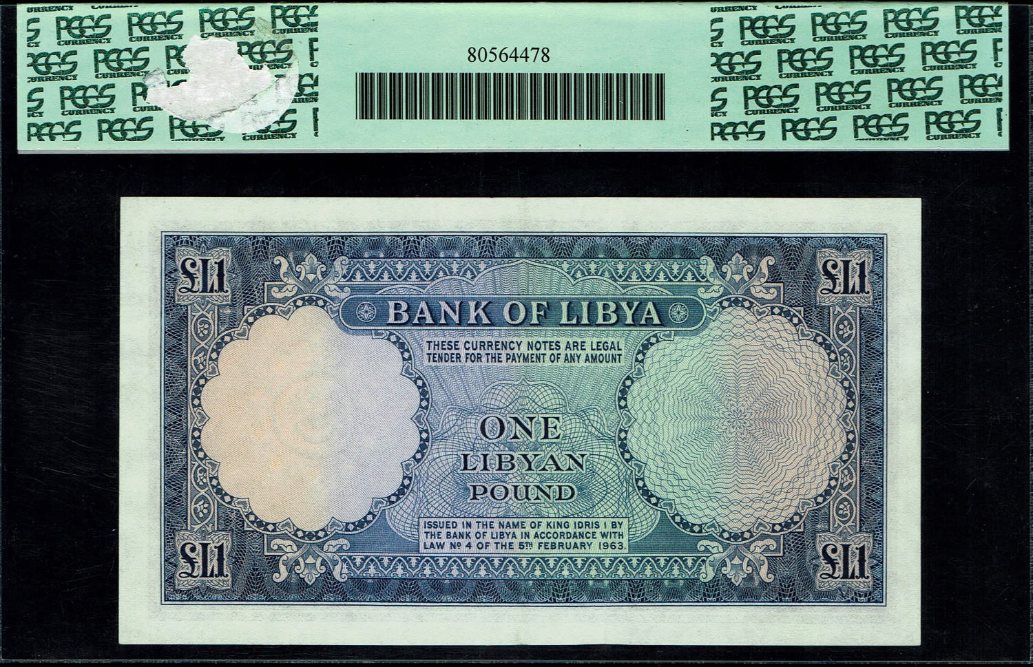 Libya - 1 Pound 1963 - PCGS 55
Obverse
Crowned arms at left
Reverse
Lettering: ... - 1 1