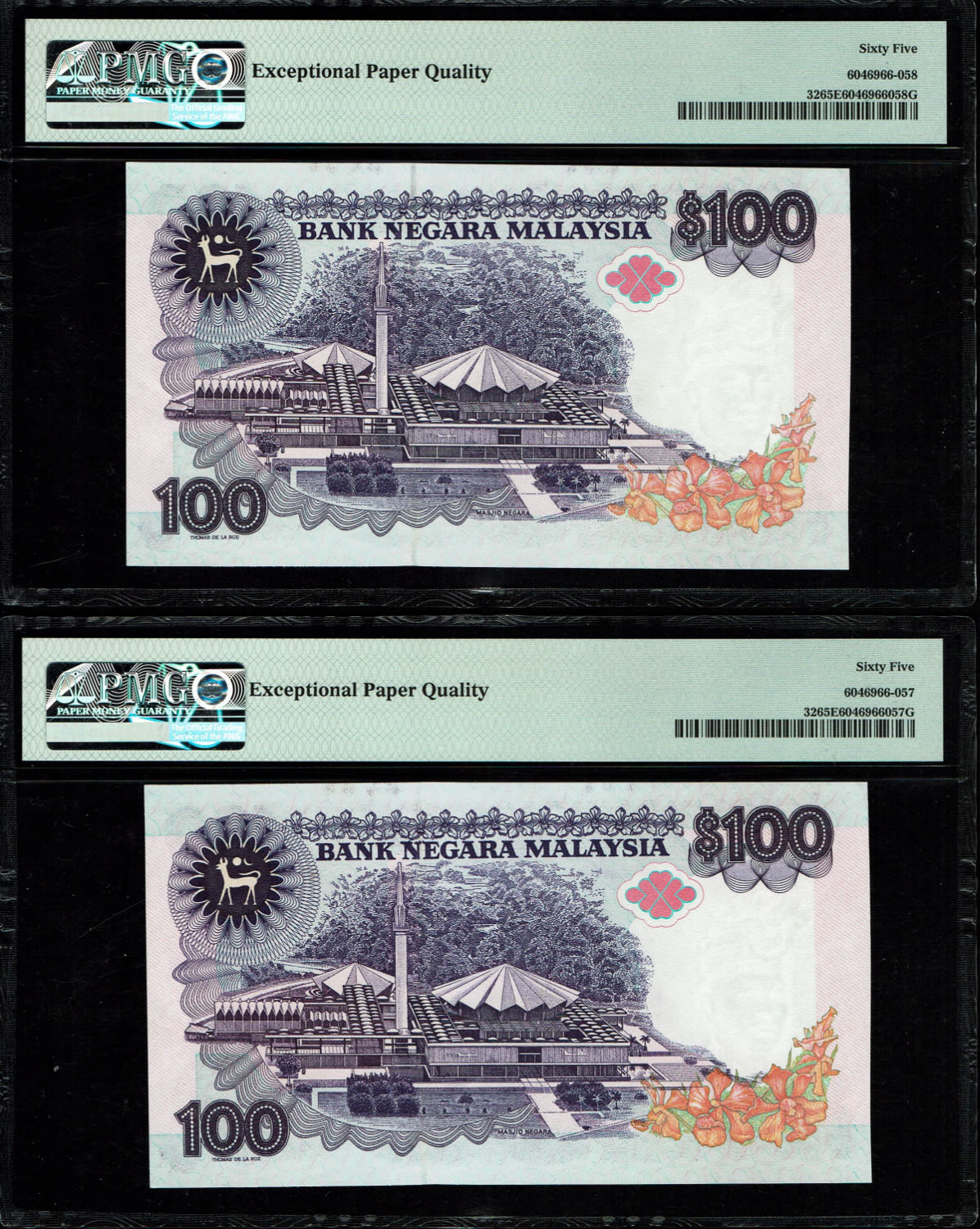 Malaysia - 100 Ringgit 1989 - Consecutive numbers - PMG 65 EPQ
Obverse: Portrait of Tuanku Abdul ... - 1 1