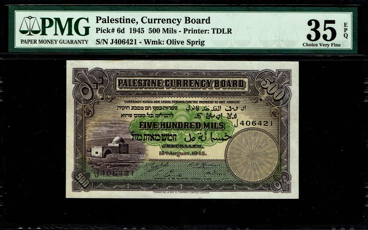 Palestine - 500 mils 1945 - PMG 35 EPQ - Prefix J
The most beautiful banknote we have seen from this ... - 1 0