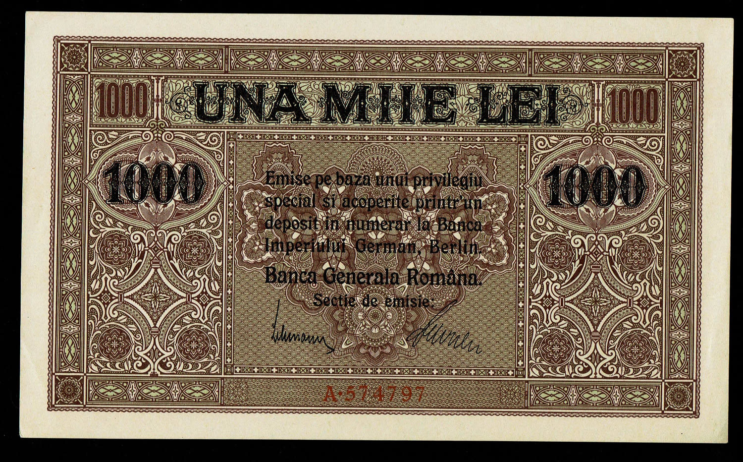 Romania - 1,000 Lei 1917 - BGR - German Occupation - AU-UNC
Obverse
Script: Latin ... - 1 0