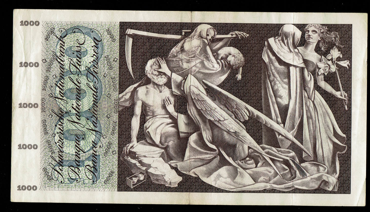 Switzerland - 1000 Francs - 5th series - VF-XF
Obverse
Red-violet and turquoise on green ... - 1 1