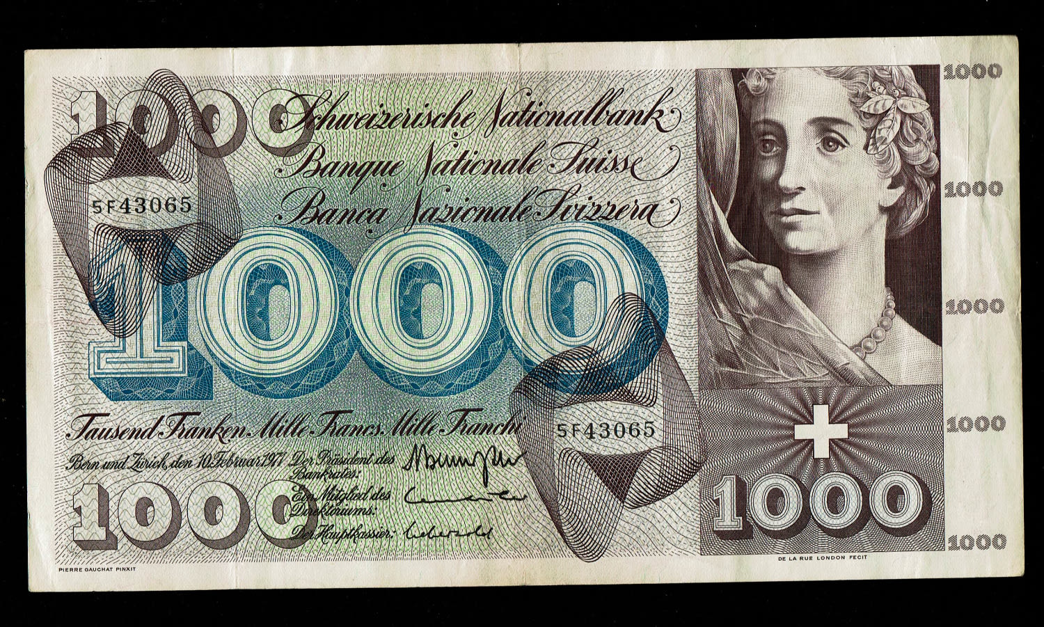 Switzerland - 1000 Francs - 5th series - VF-XF
Obverse
Red-violet and turquoise on green ... - 1 0