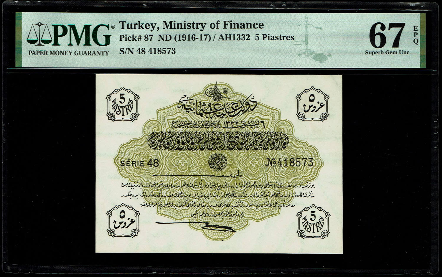 Turkey / Ottoman Empire - 10 Piastres 1916-7 (AH1332) - PMG 67 EPQ
Ottoman banknotes were used ... - 1 0