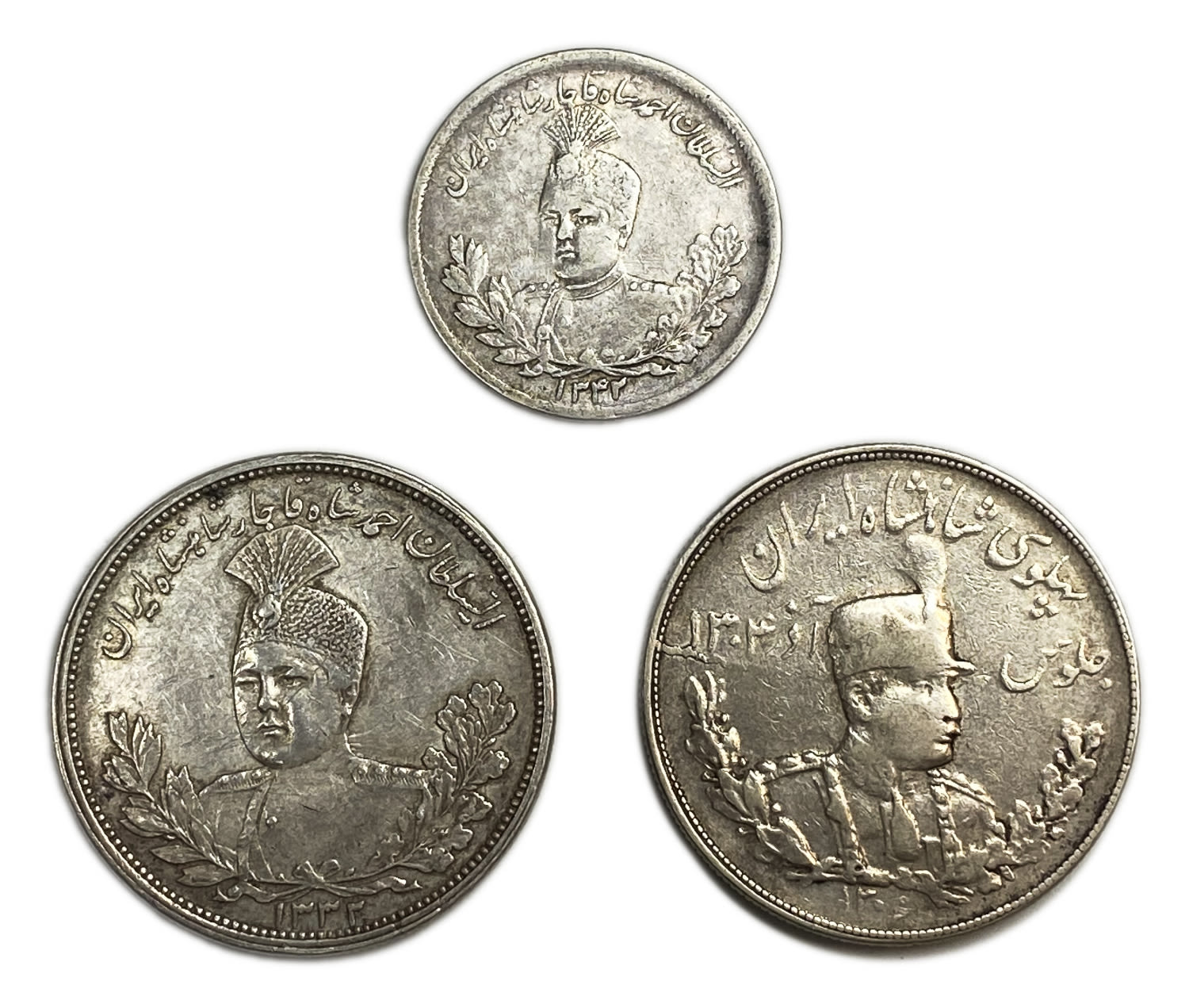 Iran - Lot of 3 silver coins - 2000, 5000 Dinar from years 1306 (1927), 1332 (1913), 1342 (1923) - Made of silver ... - 1 0