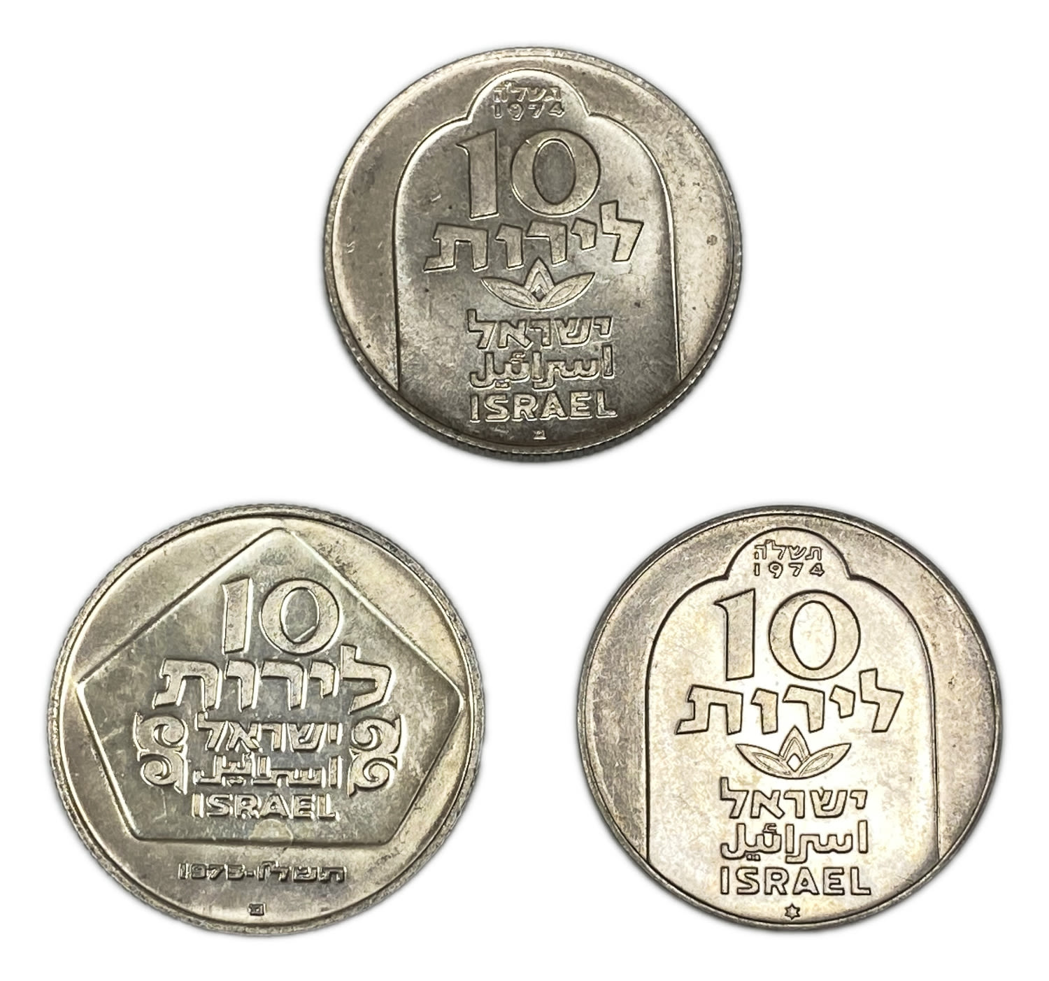 Israel - Lot of 3 coins of 10 Lirot 1974 - Hanukka Lamp from Damascus - Silver 500, 20g, 34mm
Hanukka ... - 1 0
