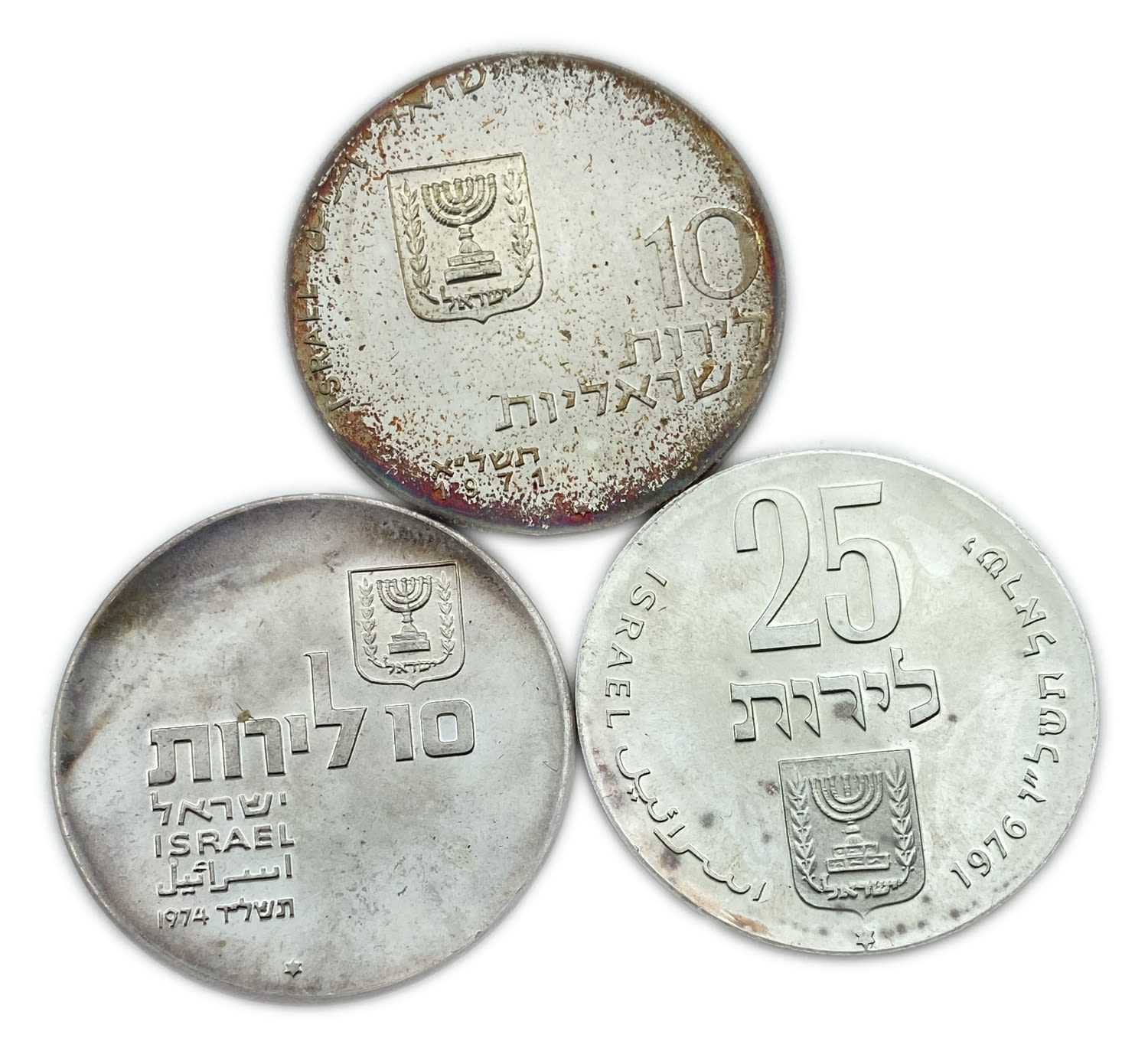 Israel - 3 coins 10, 25 Lirot 1971, 1974, 1976 - "Power to Israel", "Send my people", "Language" - silver 900 ... - 1 0