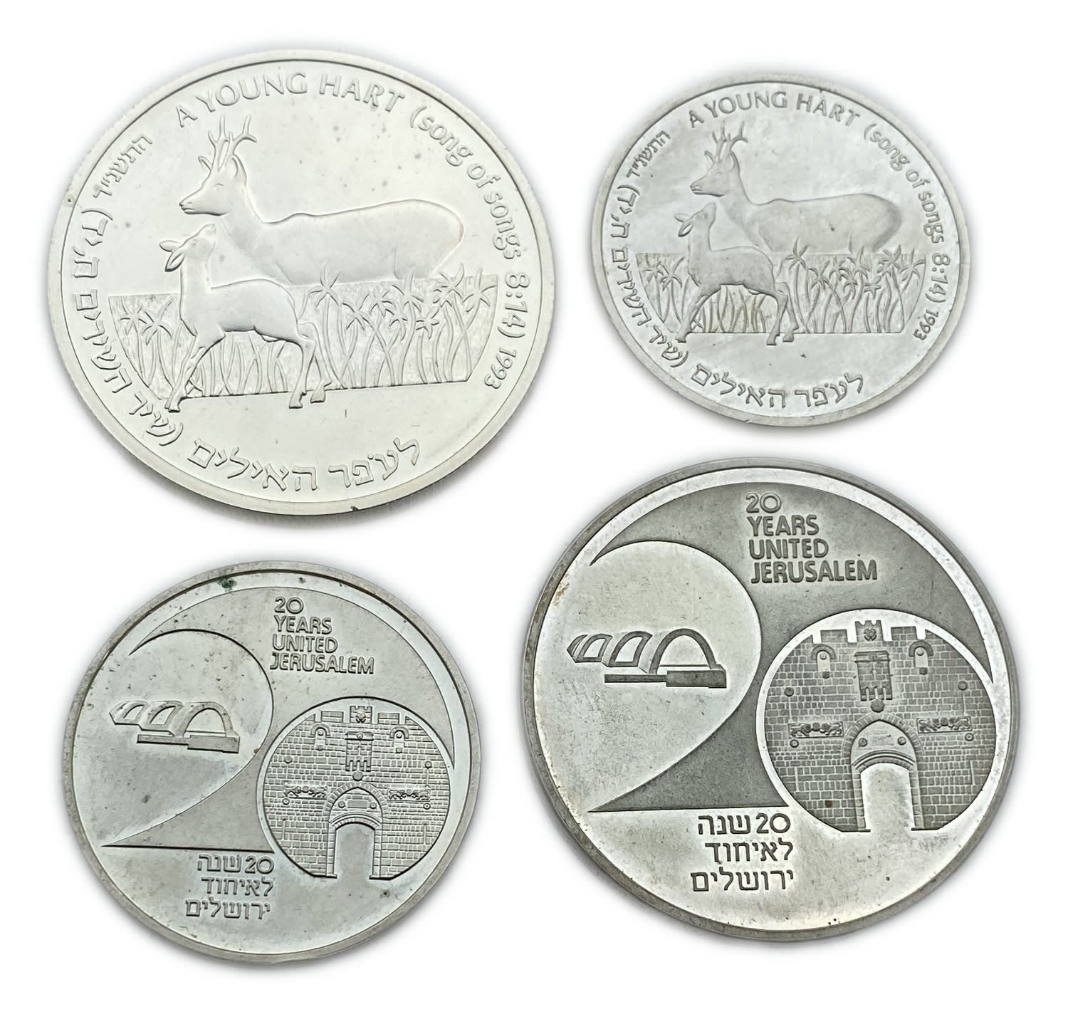 Israel - Two set of coins, "A young hart" (Song of song), "20 years untied Jerusalem" 1987, 1993 - Silver 925 ... - 1 1