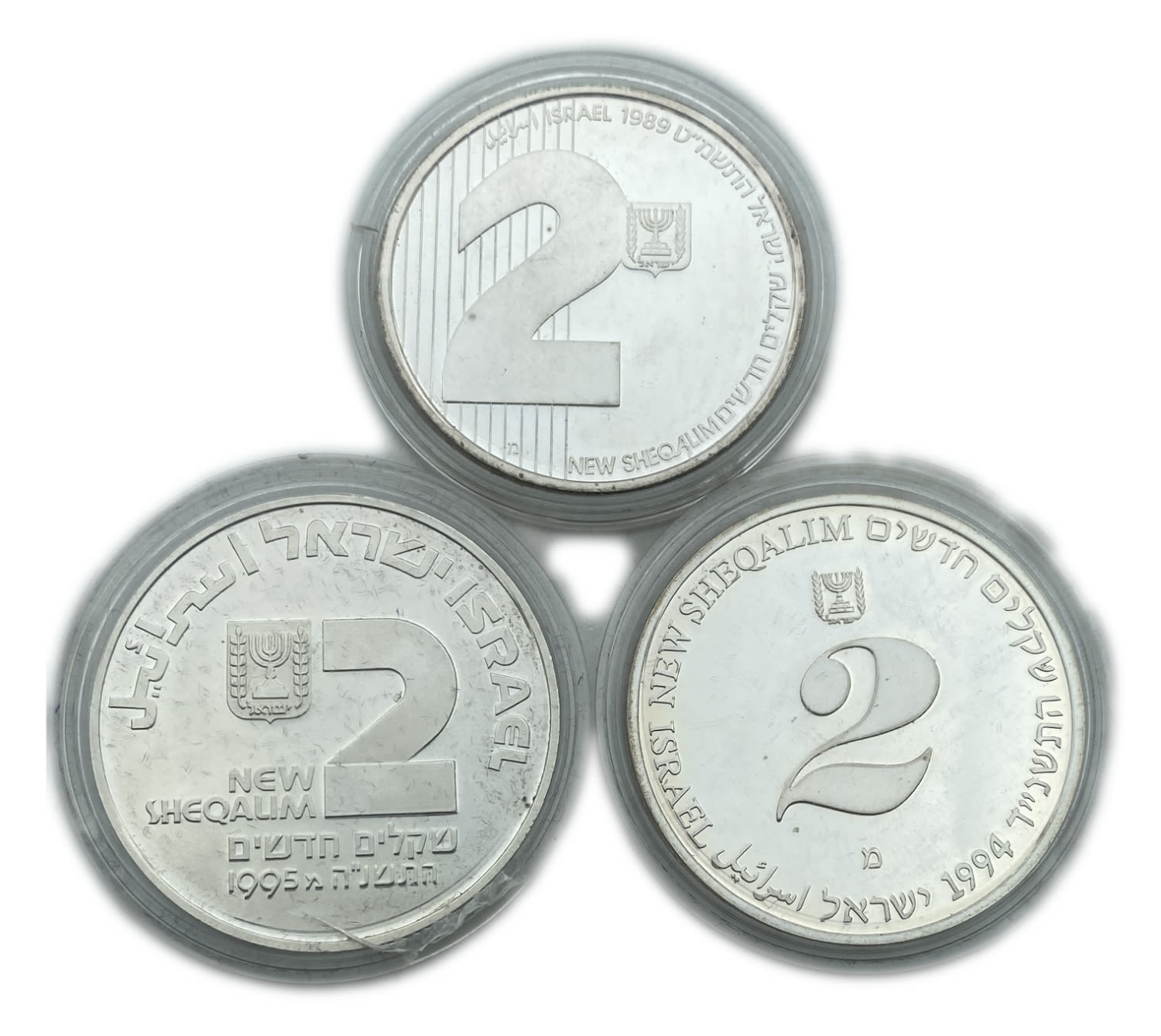 Israel - Lotof 3 Coins 2 Shekels 1989, 1994, 1995 - "Eretz Hemda", "Environment", "Medicine in Israel" - Silver ... - 1 0