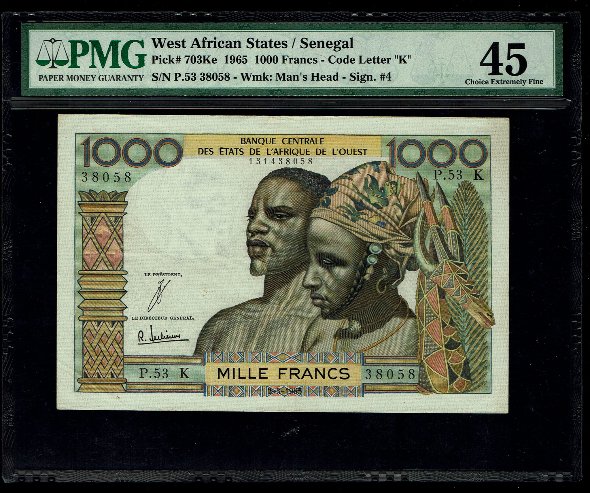 West African States / Senegal - 1000 Francs 1965 - Pick# 703Ke - Code Letter K - PMG 45 - 1 0