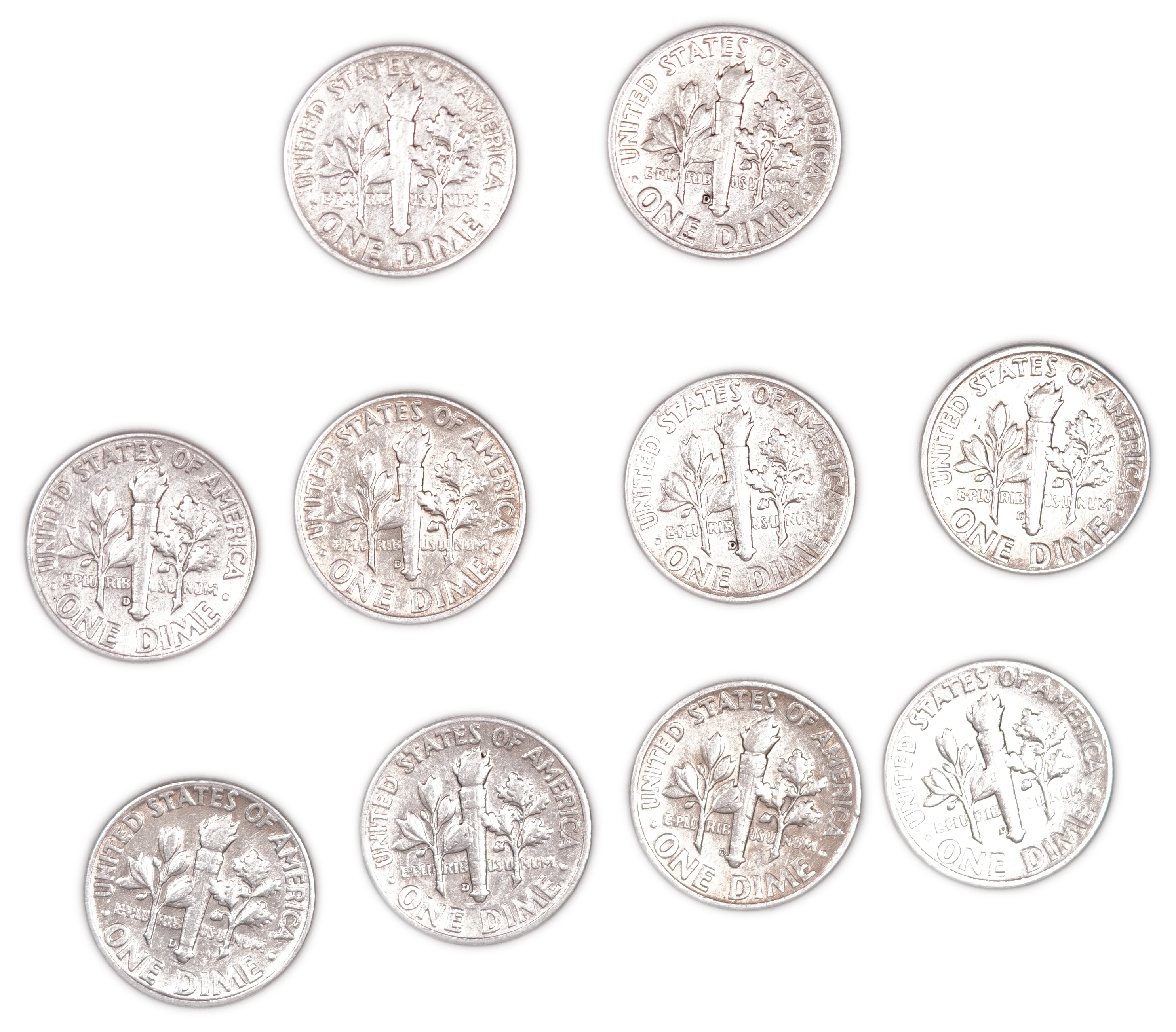 USA - Lot of 10 Roosevelt Dime Coins - Silver .900, approx. 22.5g (approx. 20.25g pure silver, 0.65 oz), 17.9 mm - 1 1