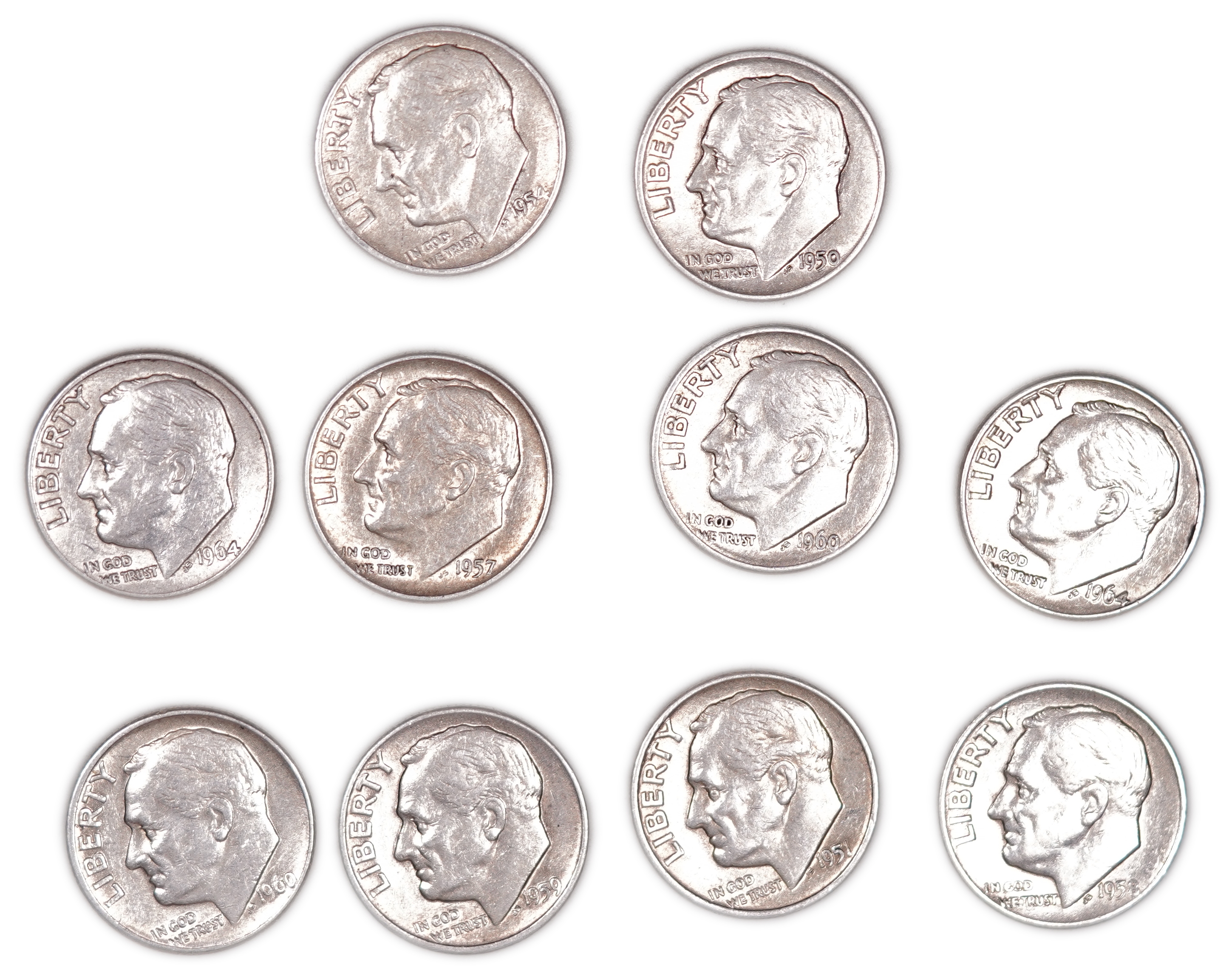 USA - Lot of 10 Roosevelt Dime Coins - Silver .900, approx. 22.5g (approx. 20.25g pure silver, 0.65 oz), 17.9 mm - 1 0