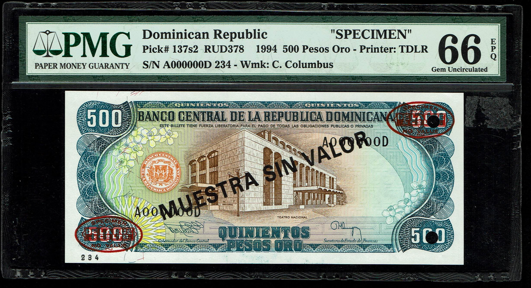 Dominican Republic -500 Pesos Oro - Pick# 137s2 - PMG 66 EPQ - Specimen - 1 0