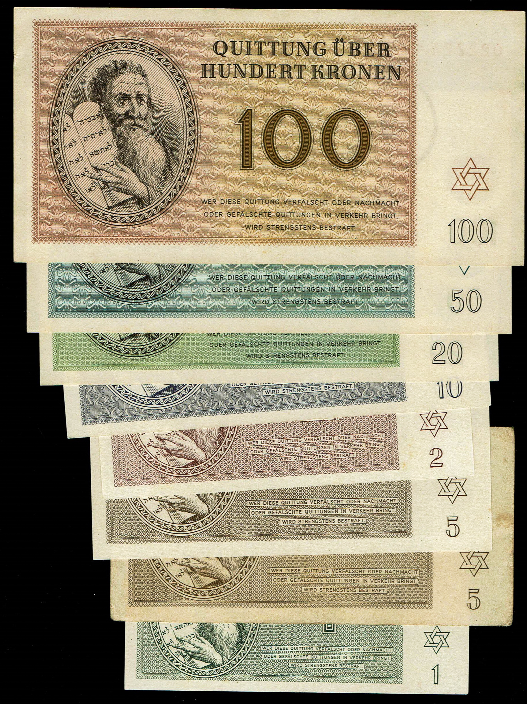 Holocaust concentration camps money - Czechoslovakia - 7 Banknotes 1, 2, 5, 10, 20, 50 and 100 Kronen 1943 - ... - 1 0