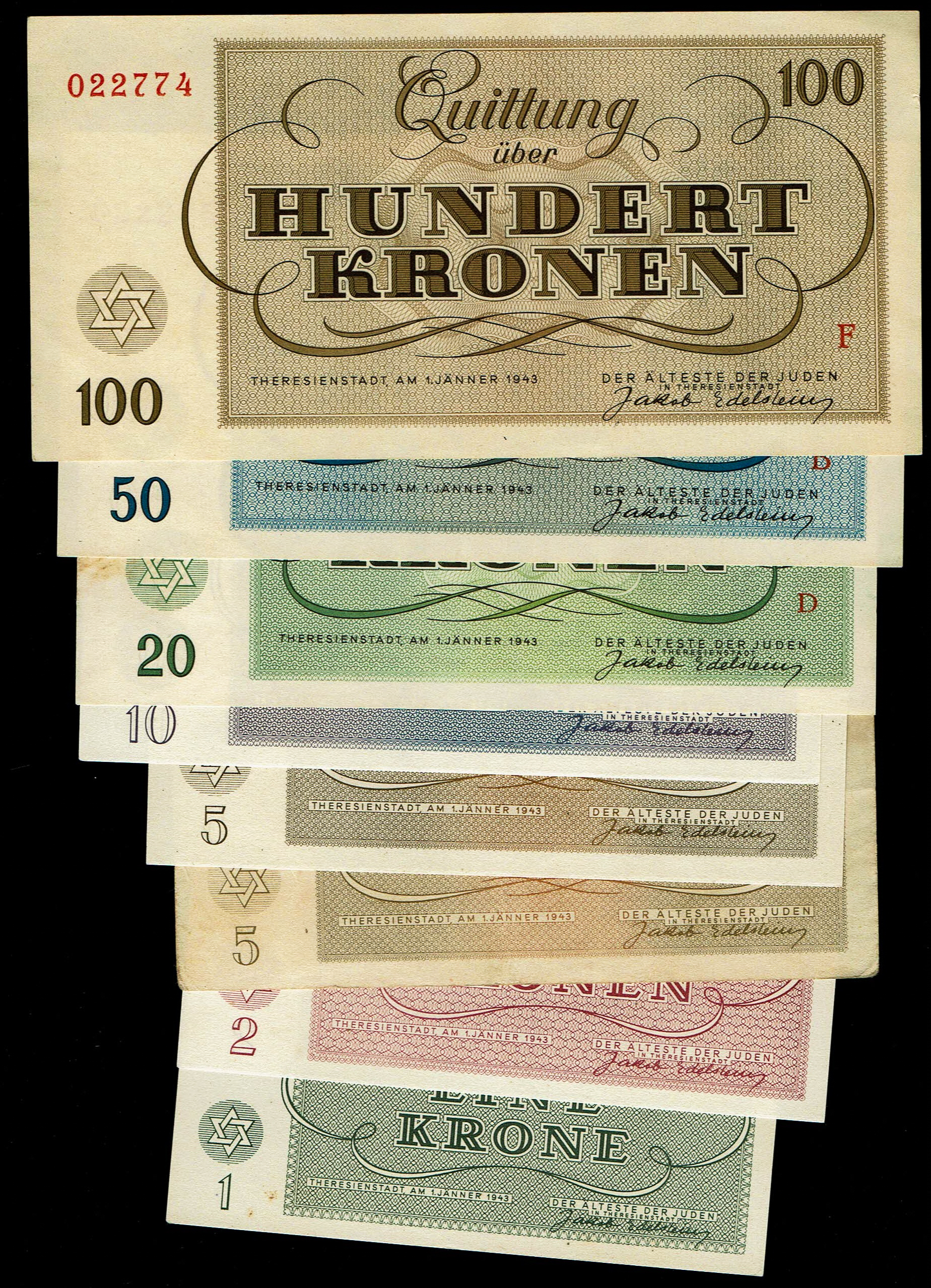 Holocaust concentration camps money - Czechoslovakia - 7 Banknotes 1, 2, 5, 10, 20, 50 and 100 Kronen 1943 - ... - 1 1