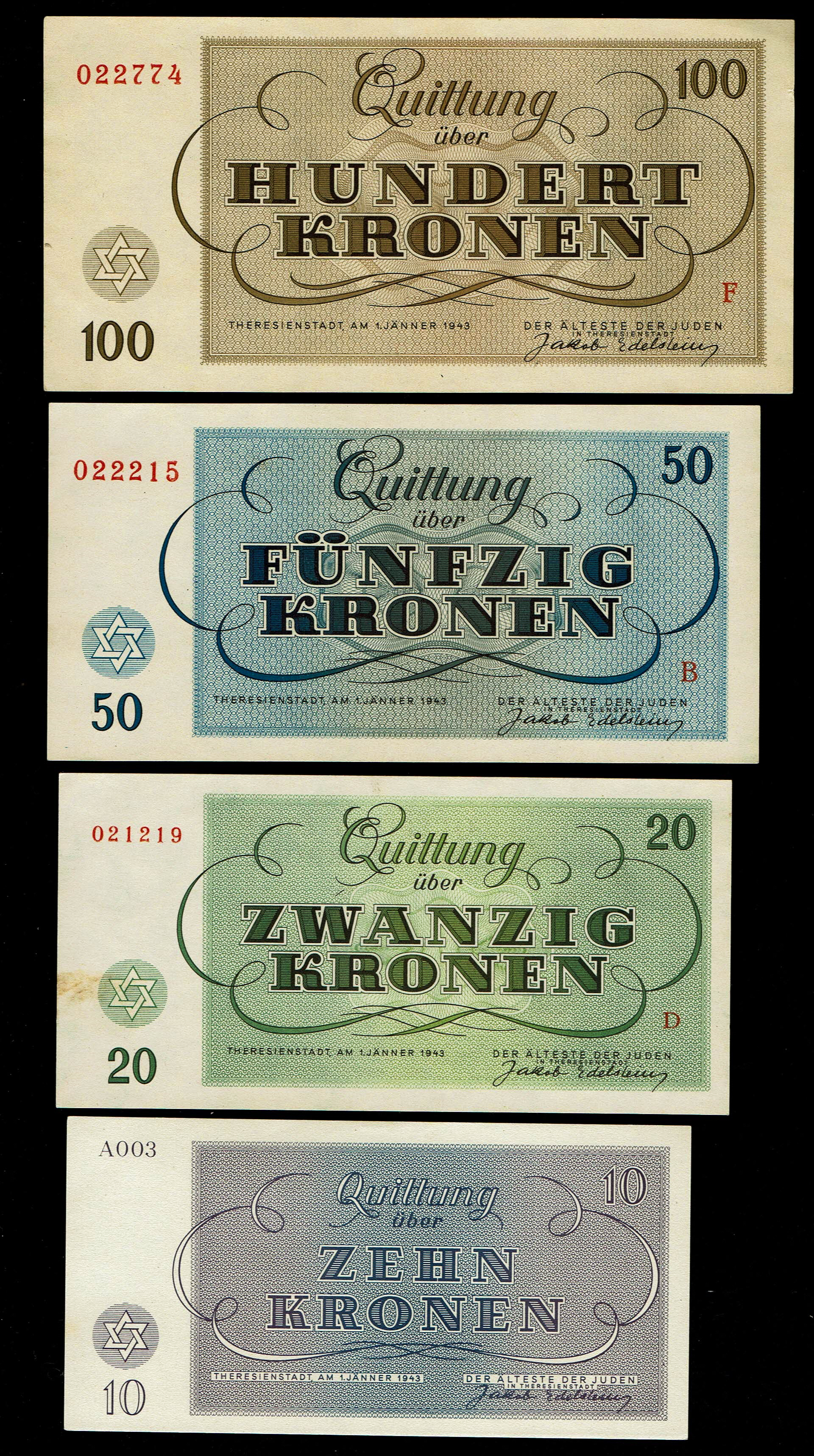 Holocaust concentration camps money - Czechoslovakia - 7 Banknotes 1, 2, 5, 10, 20, 50 and 100 Kronen 1943 - ... - 1 3