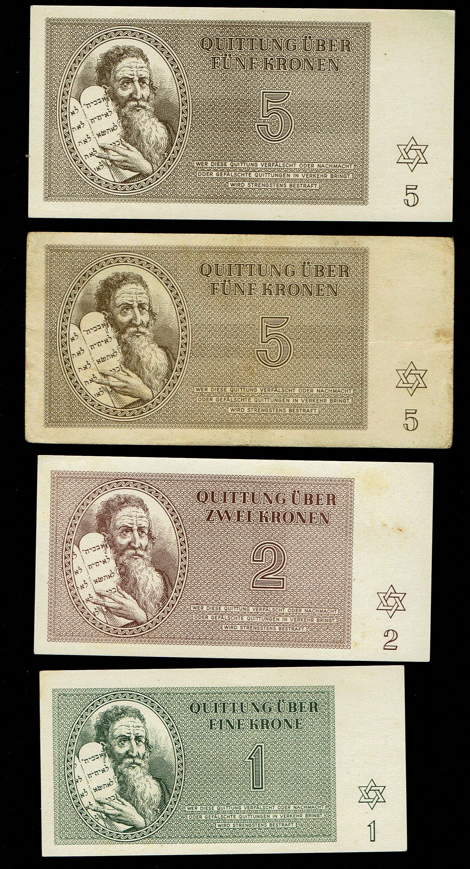 Holocaust concentration camps money - Czechoslovakia - 7 Banknotes 1, 2, 5, 10, 20, 50 and 100 Kronen 1943 - ... - 1 4