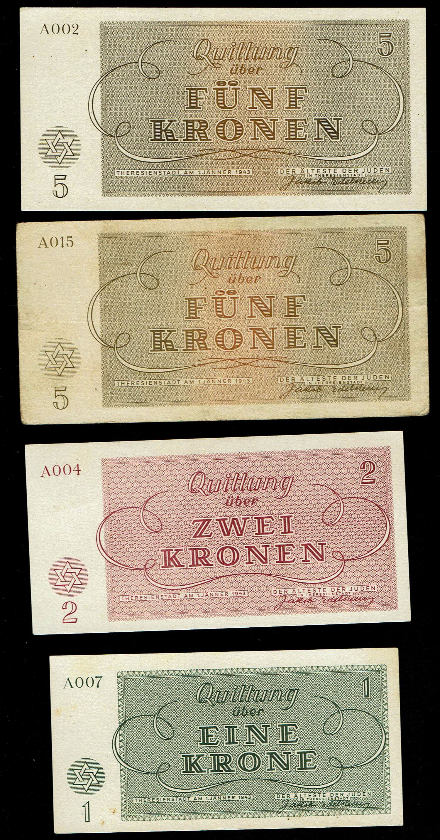 Holocaust concentration camps money - Czechoslovakia - 7 Banknotes 1, 2, 5, 10, 20, 50 and 100 Kronen 1943 - ... - 1 5