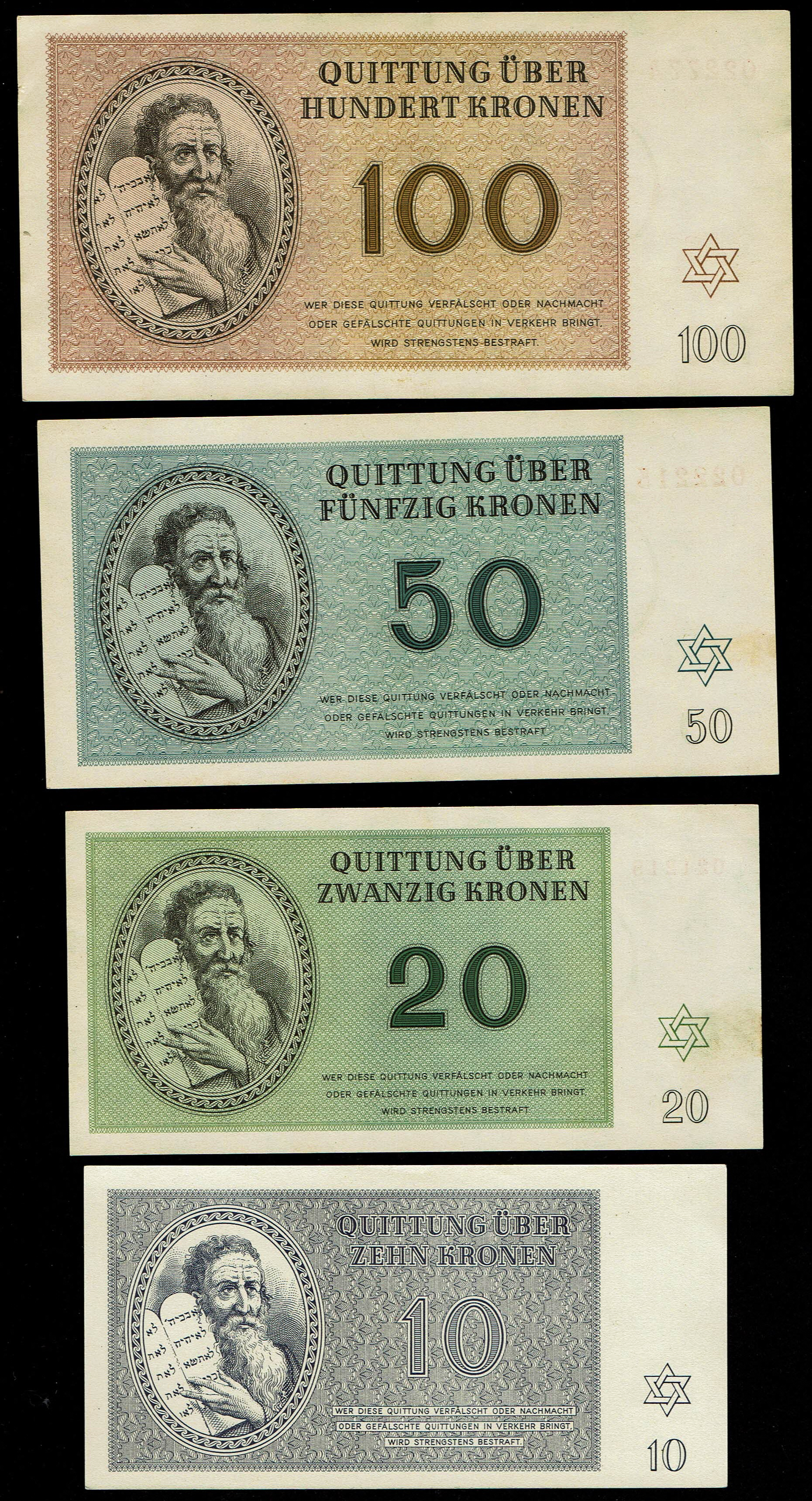 Holocaust concentration camps money - Czechoslovakia - 7 Banknotes 1, 2, 5, 10, 20, 50 and 100 Kronen 1943 - ... - 1 2