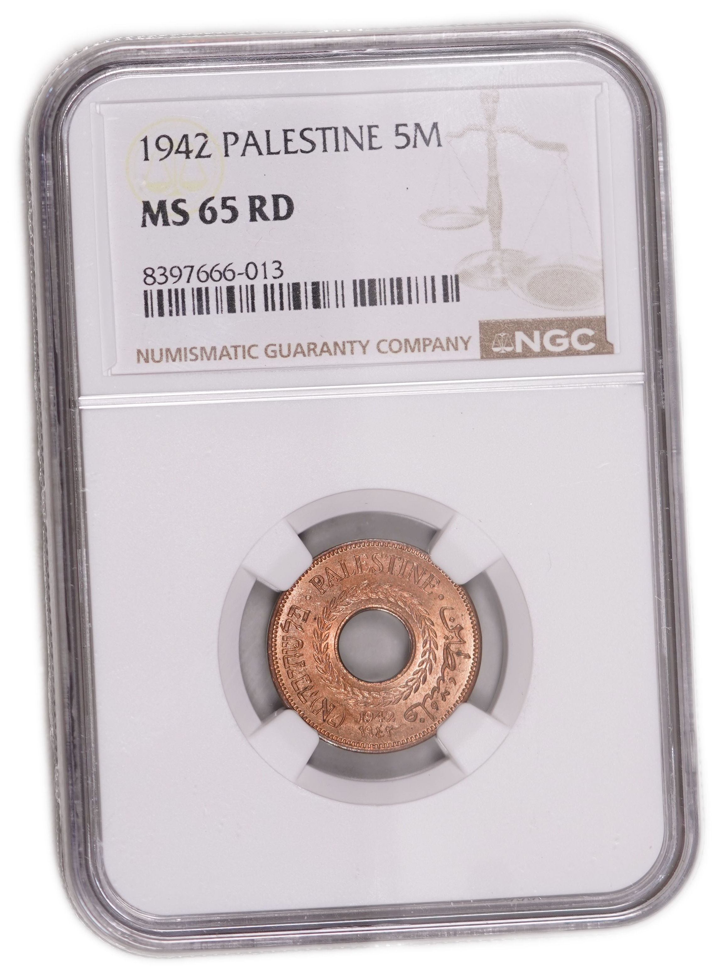 Palestine – 5 Mils 1942 Copper - KM# 3a – NGC MS 65 RD - 1 2