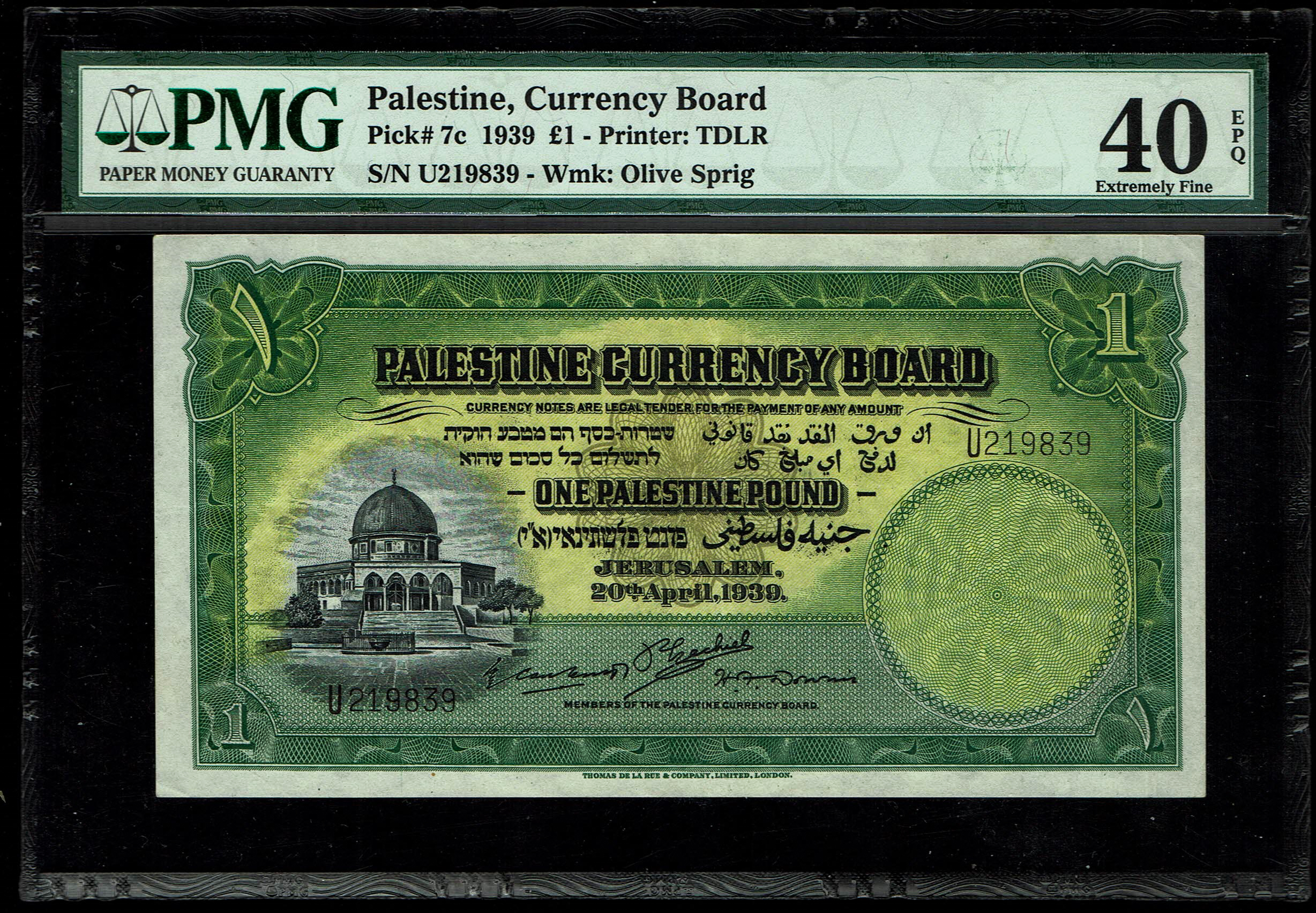 Palestine - 1 Pound 1939 - Pick# 7c - PMG 40 EPQ - Prefix U - 1 0