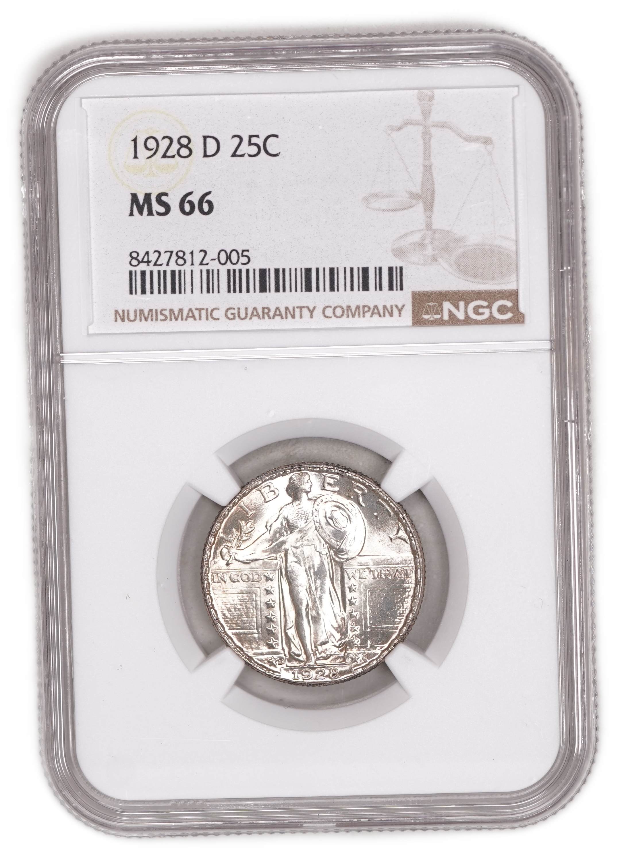 USA - 25 Cents 1928D - Standing Liberty Quarter - Silver .900, 6.25g (5.63g pure silver, 0.18 oz), 24.3 mm - NGC MS 66 - 1 2