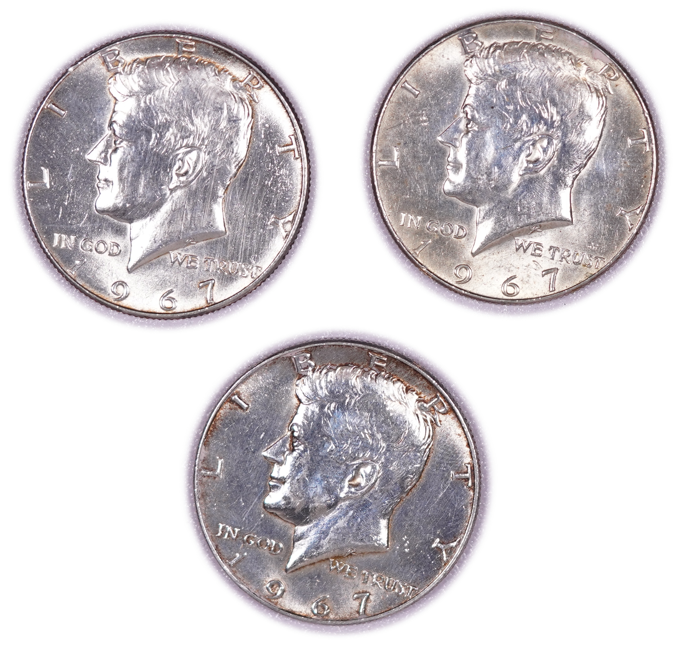 USA - Lot of 3 1/2 Dollar Coins 1967 - Kennedy - Silver .400, approx. 34.02g (approx. 13.61g pure silver, 0.44 oz) ... - 1 0