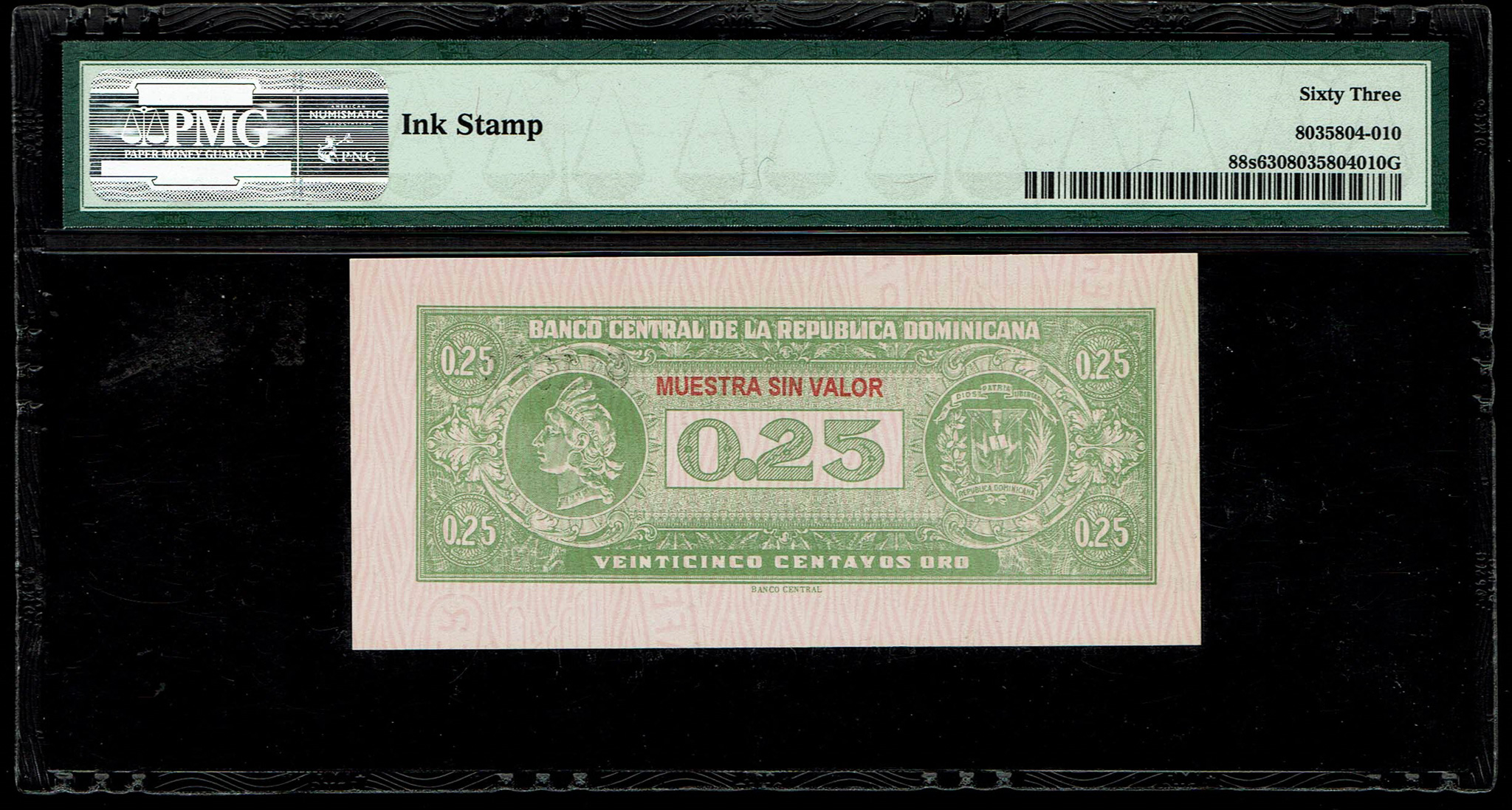 Dominican Republic - Twenty Five centavos Oro 1961 - Pick# 88s PMG 63 - Specimen - 1 1