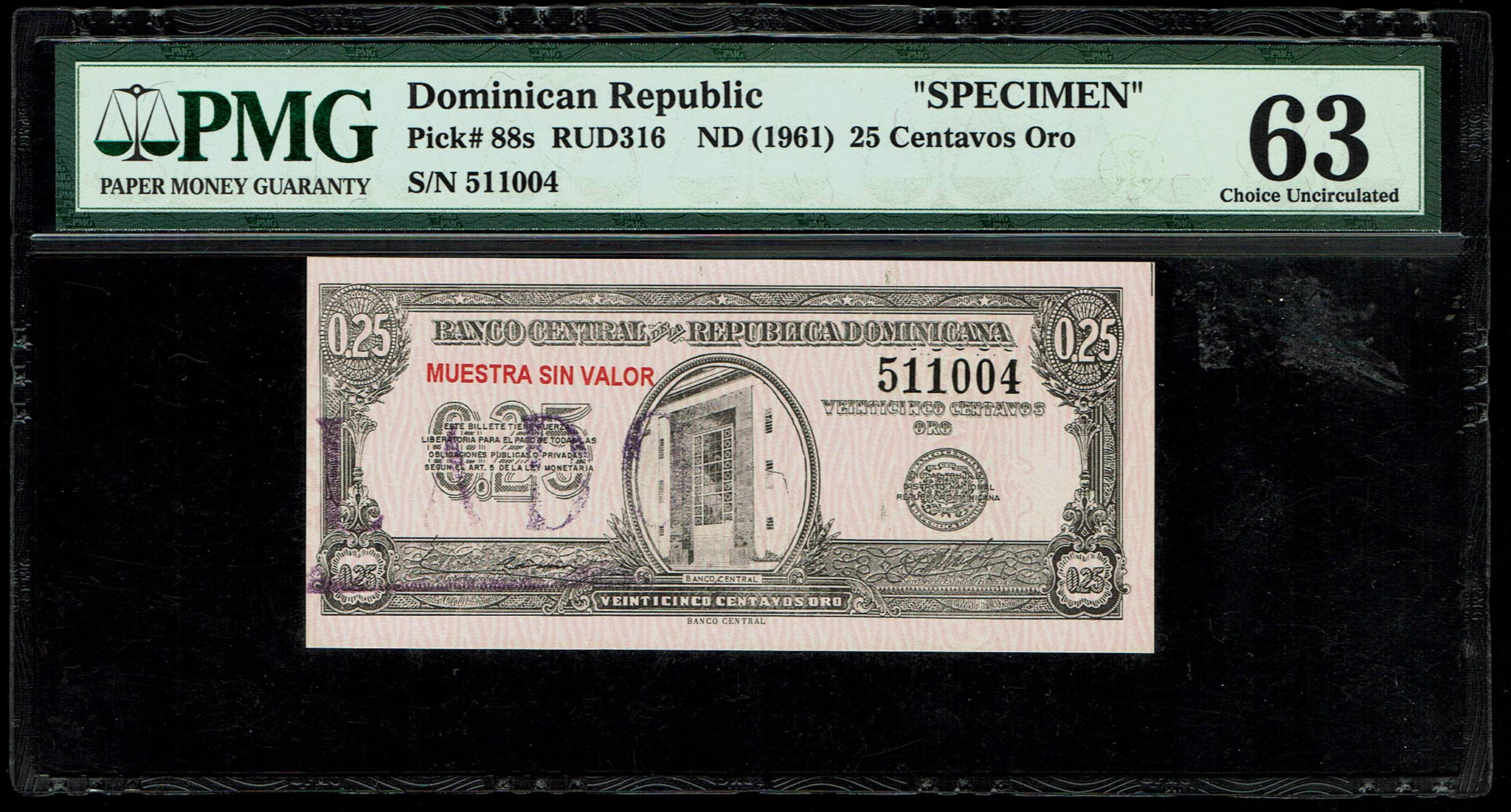Dominican Republic - Twenty Five centavos Oro 1961 - Pick# 88s PMG 63 - Specimen - 1 0