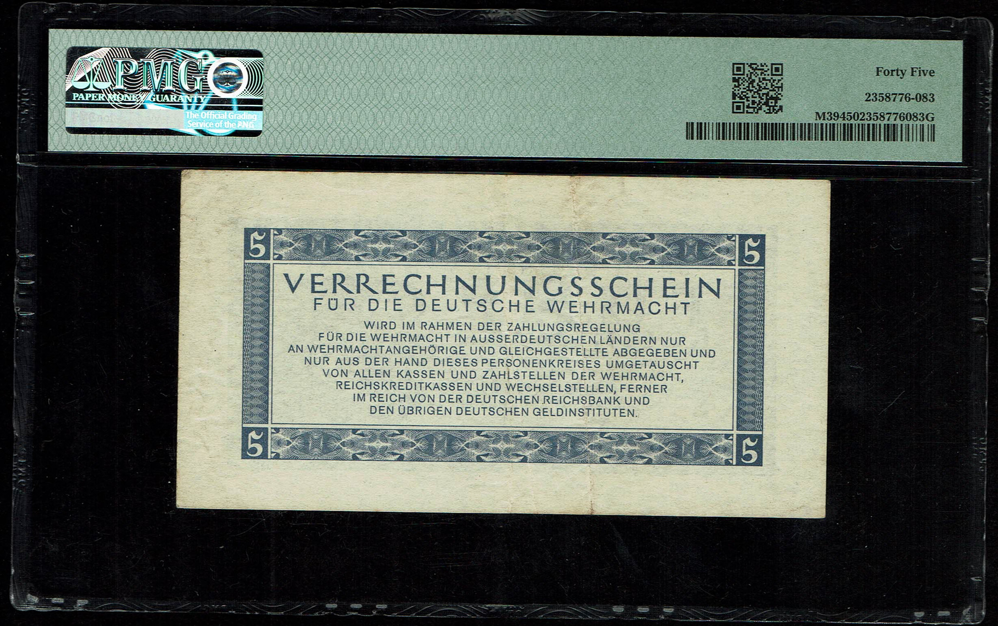 Banknotes Occupied Territories WW2 - Germany - 5 Reichsmark 1944 - PMG 45 - Clearing Note of the German Armed ... - 1 1