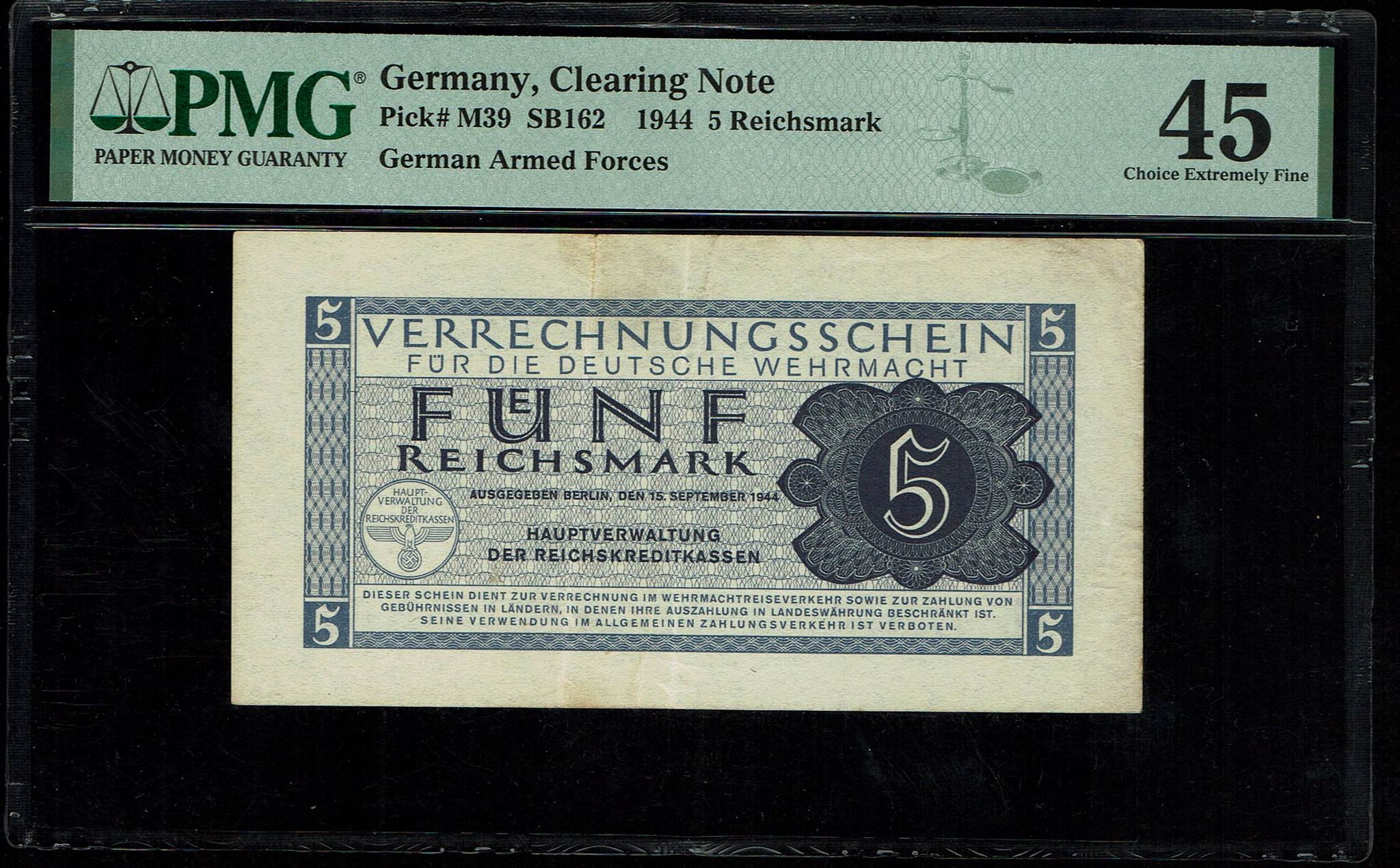 Banknotes Occupied Territories WW2 - Germany - 5 Reichsmark 1944 - PMG 45 - Clearing Note of the German Armed ... - 1 0