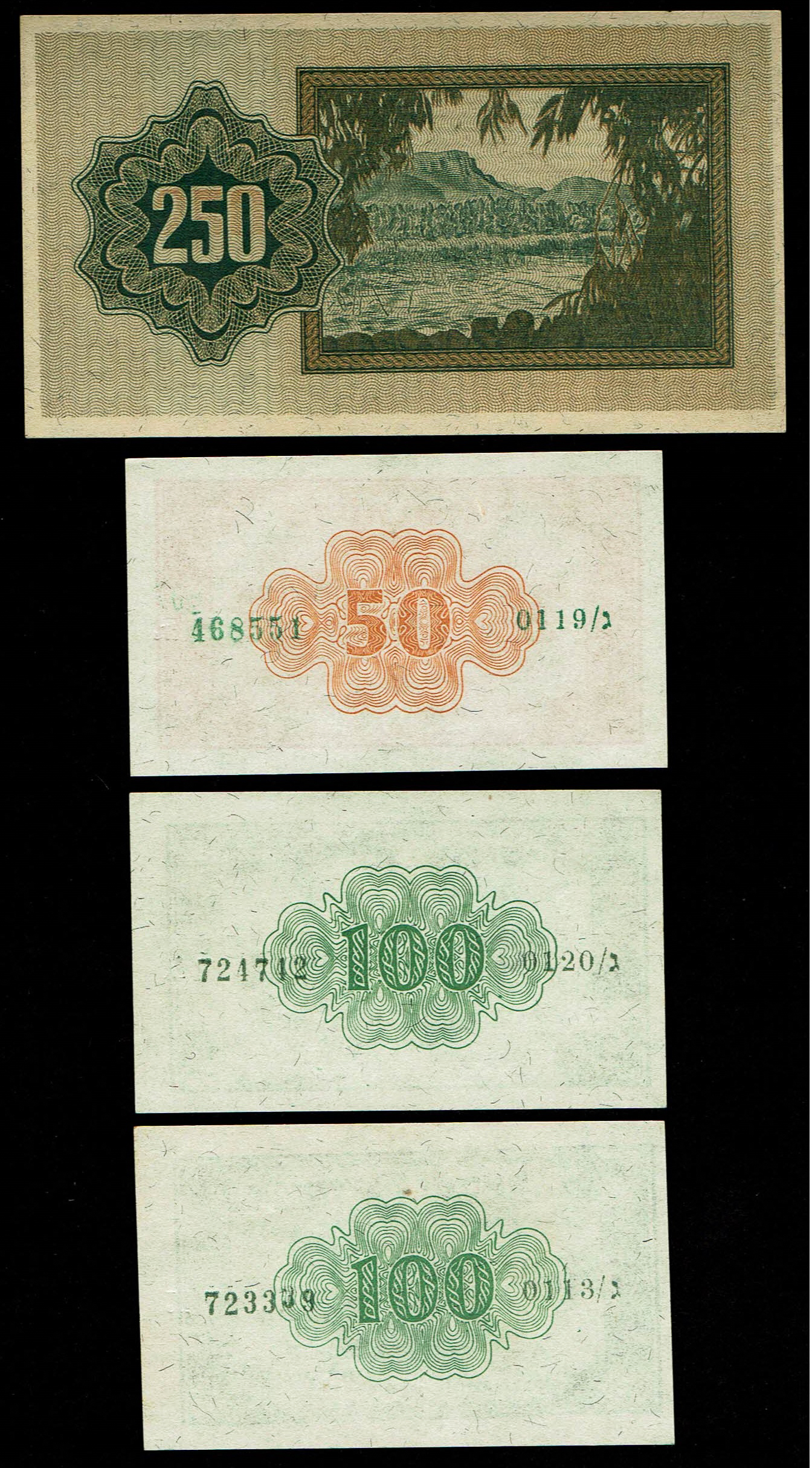 Israel - Lot of 4 banknotes - 50, 100 and 250 Pruta 1952, 1953 - UNC - 1 1