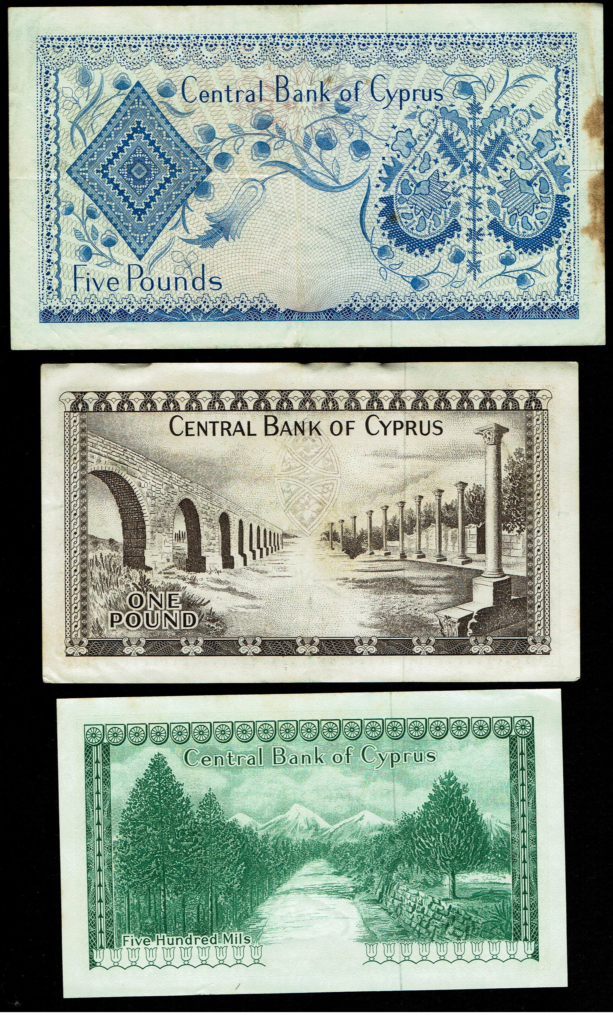 Cyprus - Set of 8 banknotes, 250, 500 mil, 1 and 5 pounds - various years and conditions - 1 3