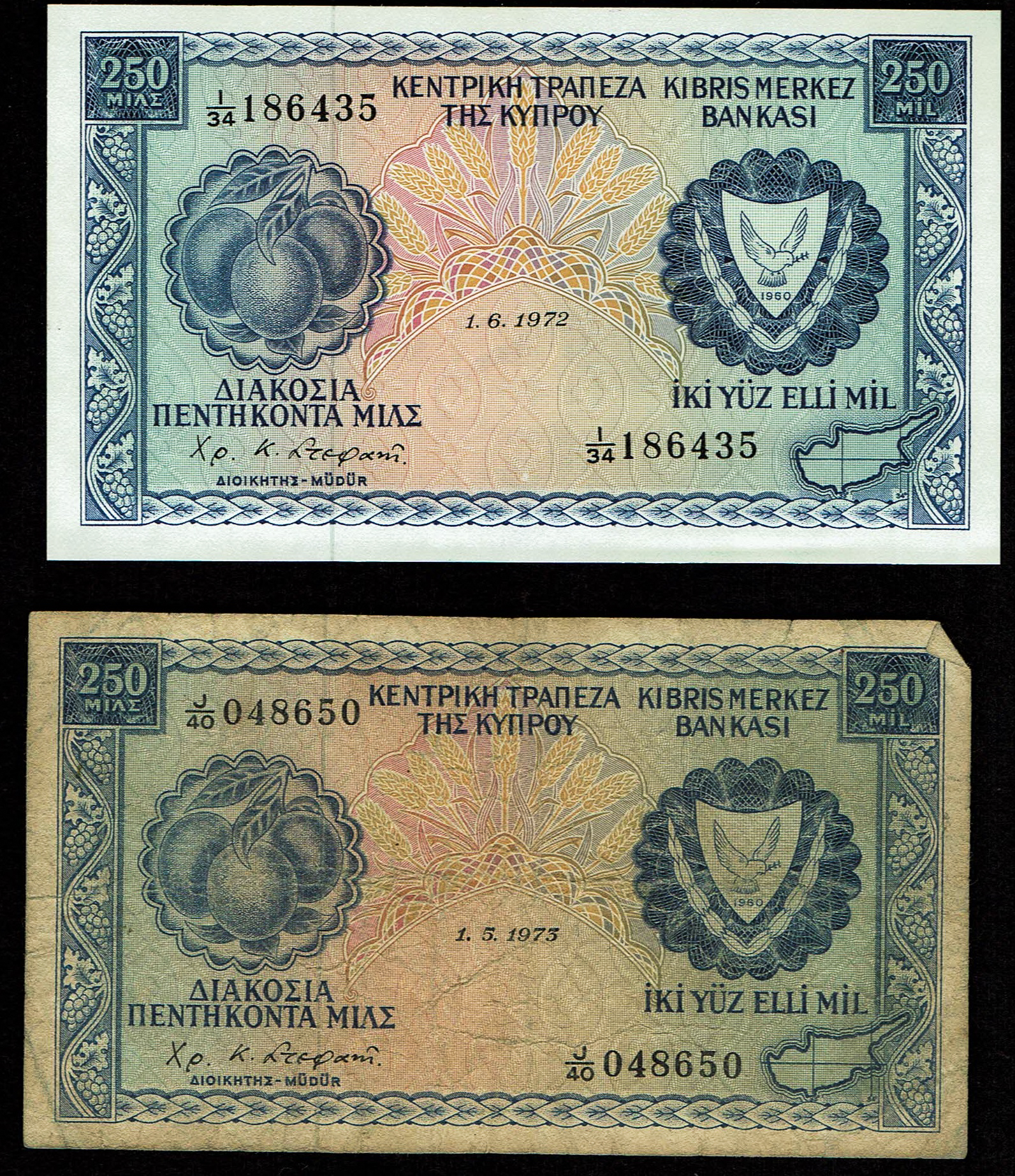 Cyprus - Set of 8 banknotes, 250, 500 mil, 1 and 5 pounds - various years and conditions - 1 5