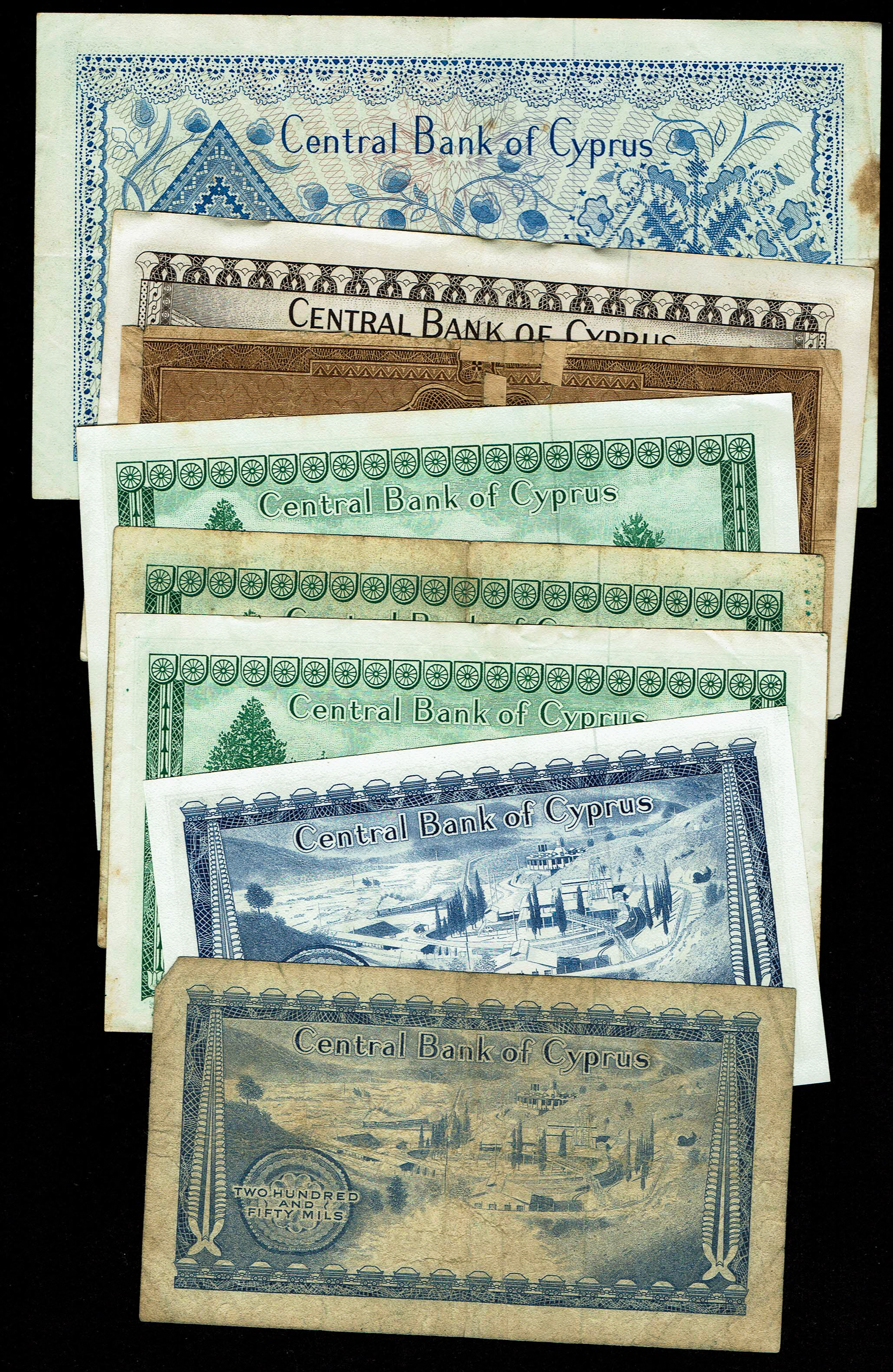 Cyprus - Set of 8 banknotes, 250, 500 mil, 1 and 5 pounds - various years and conditions - 1 1