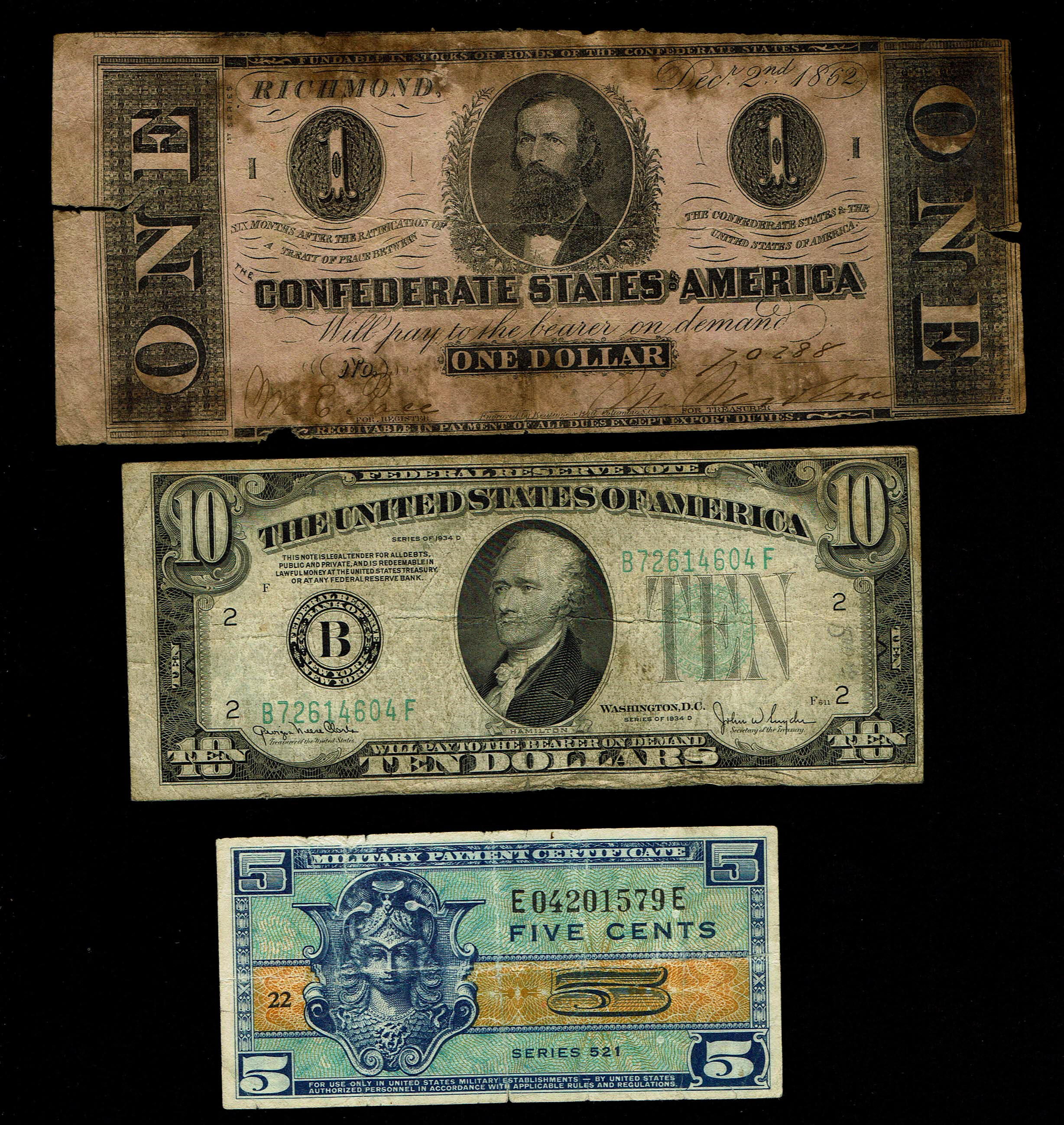 United States - Collection of 3 Historic Notes - Confederate, Federal Reserve Note & Military MPC - 1 0