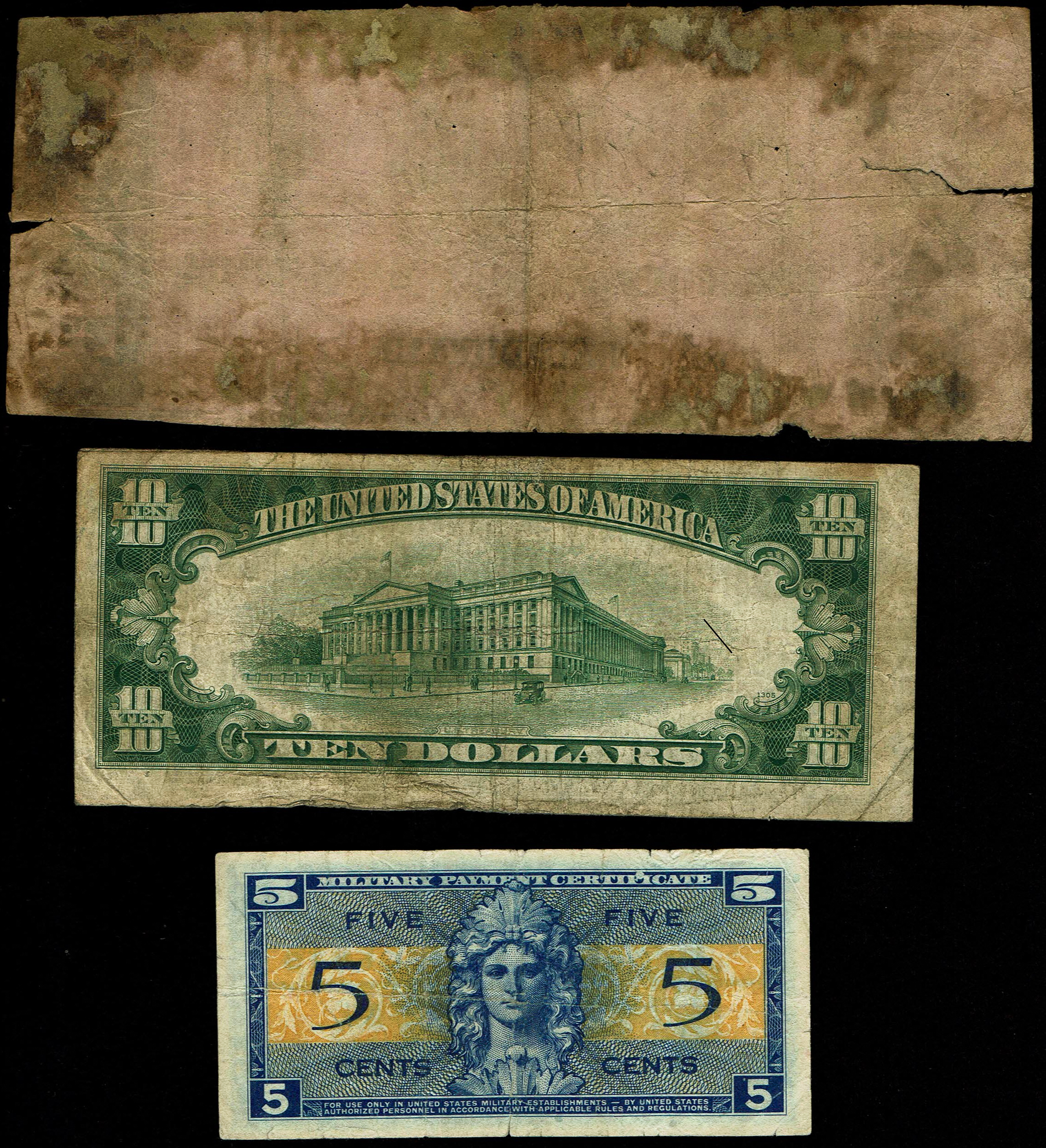 United States - Collection of 3 Historic Notes - Confederate, Federal Reserve Note & Military MPC - 1 1