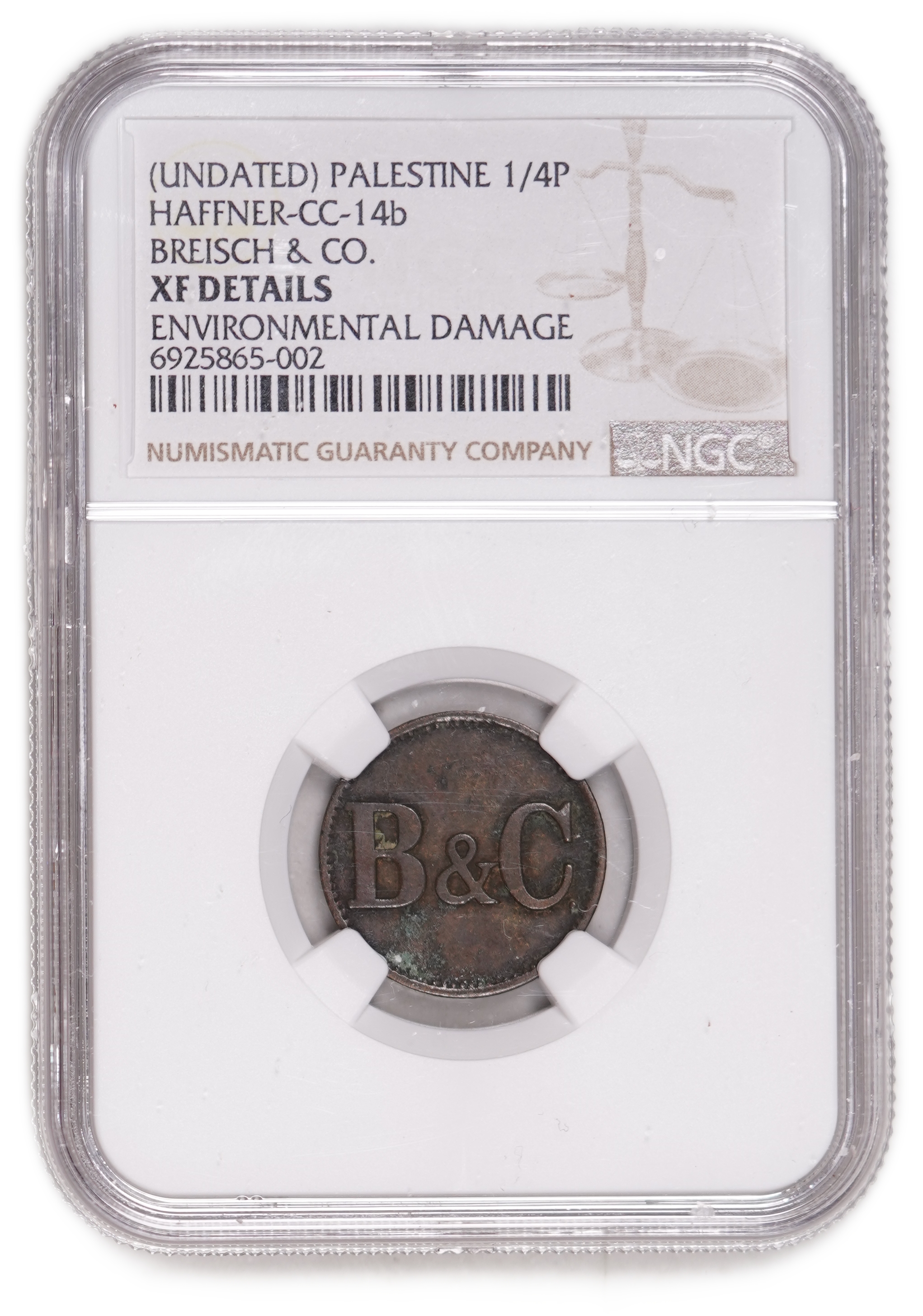 Palestine - Templar Colonies Token - 1/4 Para 1880-1917 - Large "B&C" - Extremely Rare - NGC XF Details - Haffner ... - 1 2