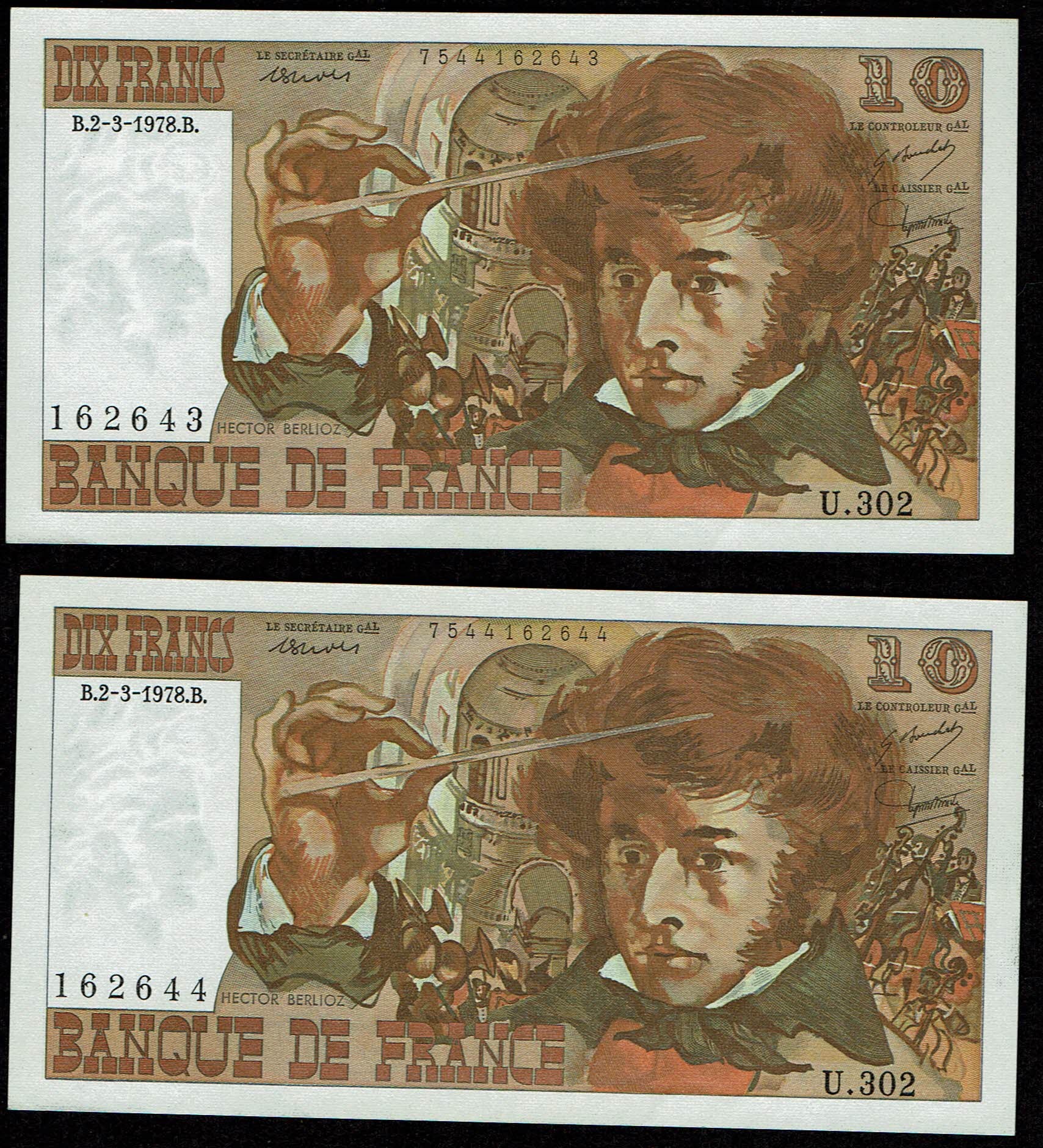 France - 10 Francs 1978 - Berlioz - Pick# 150 - Consecutive Serial Numbers - UNC - 1 0