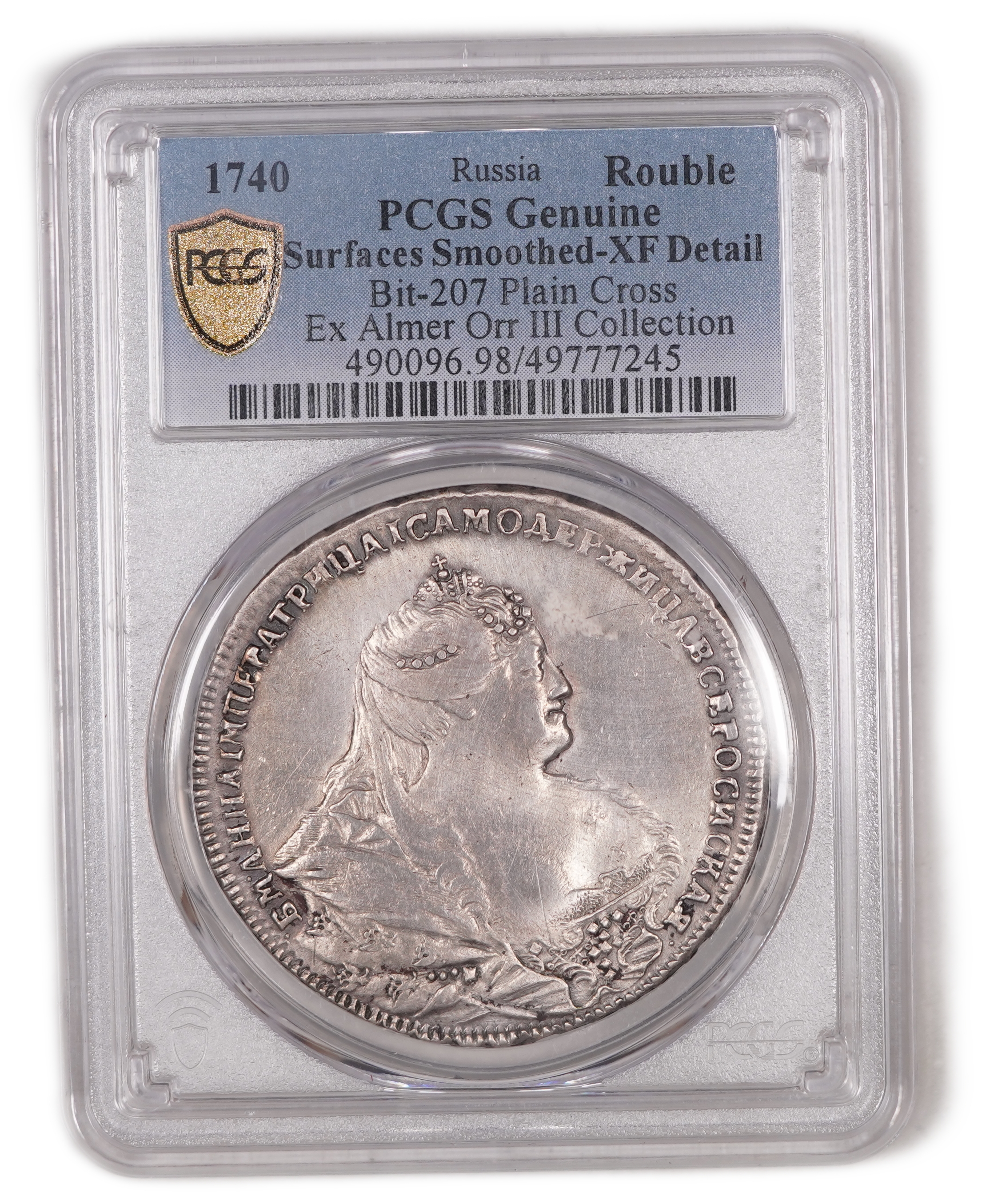 Russia - 1 Rouble 1740 - Anna - Silver .802, 25.85g, 41 mm - PCGS XF Details - Bit-207 Plain Cross - 1 2