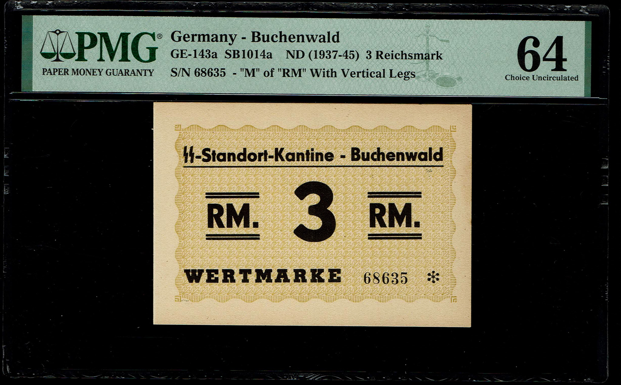 Holocaust, Concentration Camp Banknotes - Germany - Buchenwald Camp - 3 Reichsmark 1937-1945 - PMG 64 - Pick# SB1014a - 1 0