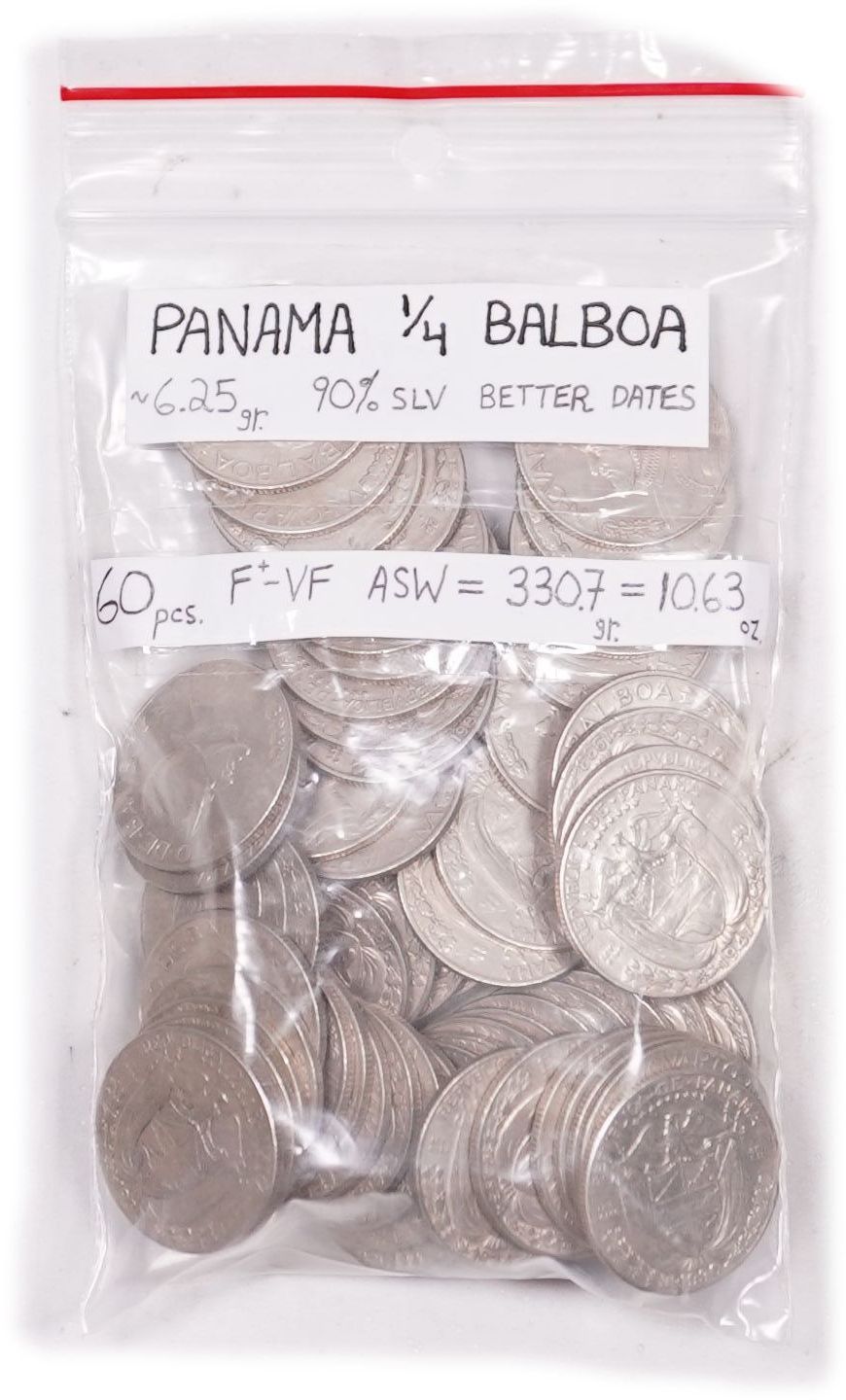 Panama - Group of 60 Quarter Balboa Coins - Silver 900, Approx. 367.4g, Approx. 330.7g Pure Silver (10.63 oz) - 1 0