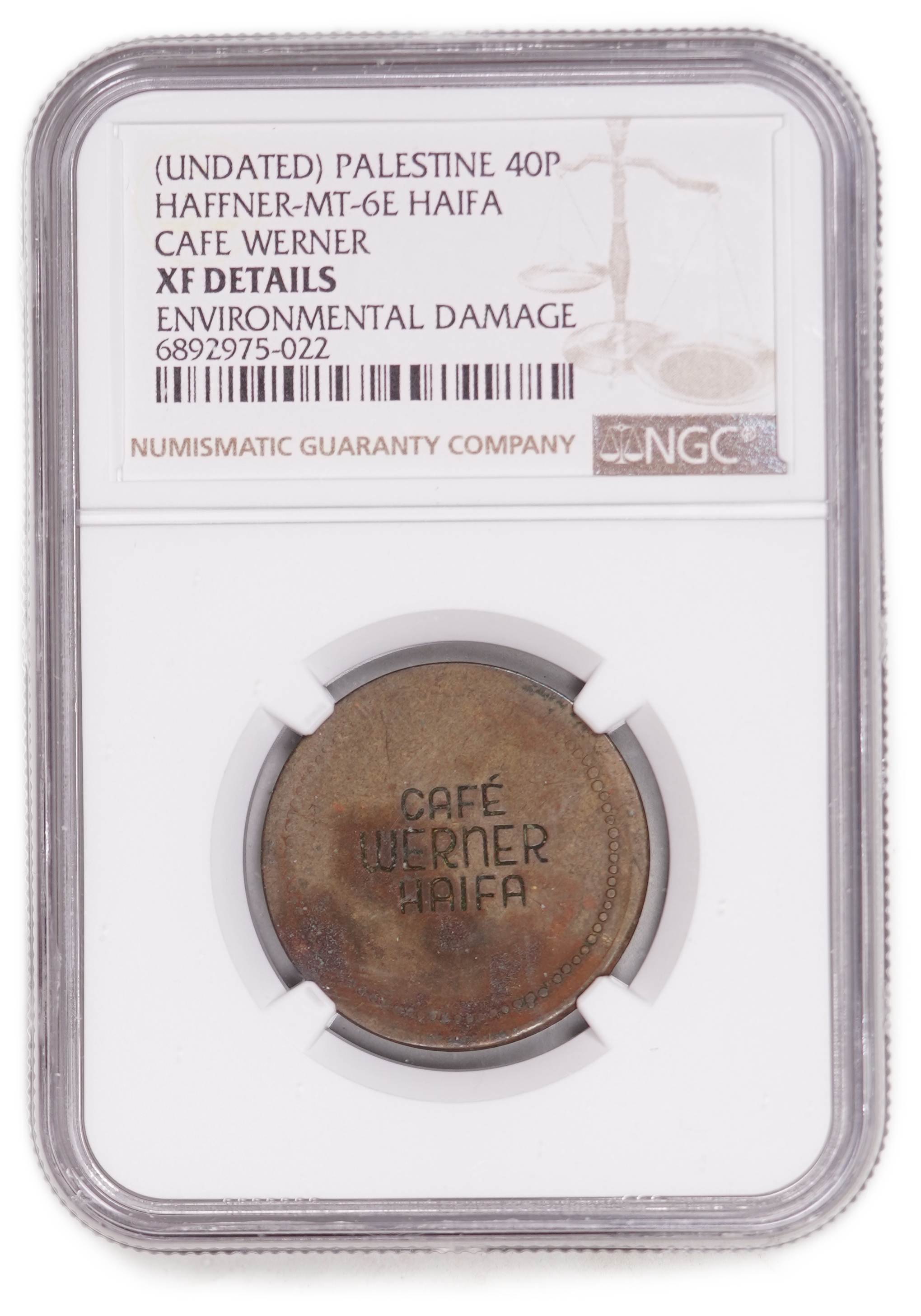 Palestine - Cafe Werner Token, Haifa - 40 Mil 1930's - Bronze - NGC XF Details - 1 2