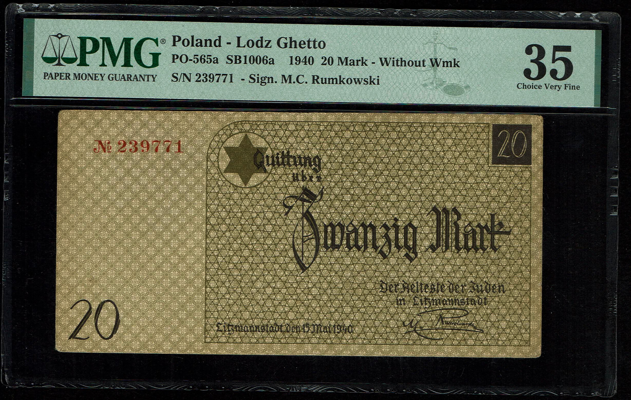 Holocaust, Ghetto Banknotes - Poland - Lodz Ghetto - 20 Mark 1940 - PMG 35 - Pick# SB1006a - 1 0